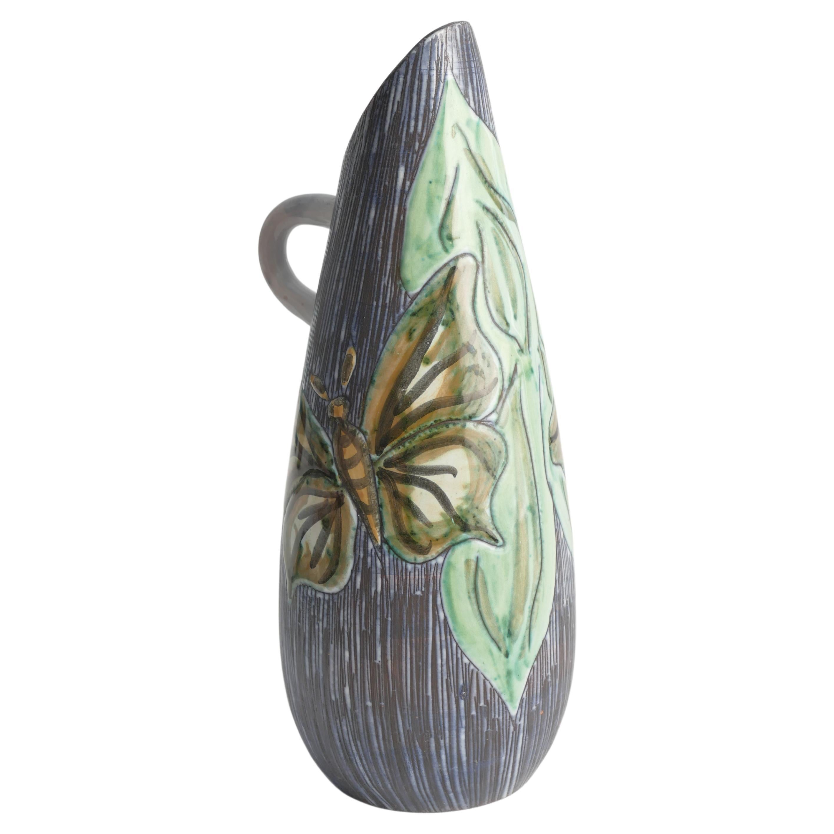 Mid-Century Modern Stoneware Vase with Sgraffito and Butterflies. Sweden, 1950s For Sale
