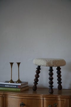 Mid-Century Modern Stool, Curled Legs, Oak & Bouclé, Danish Cabinetmaker, 1950s