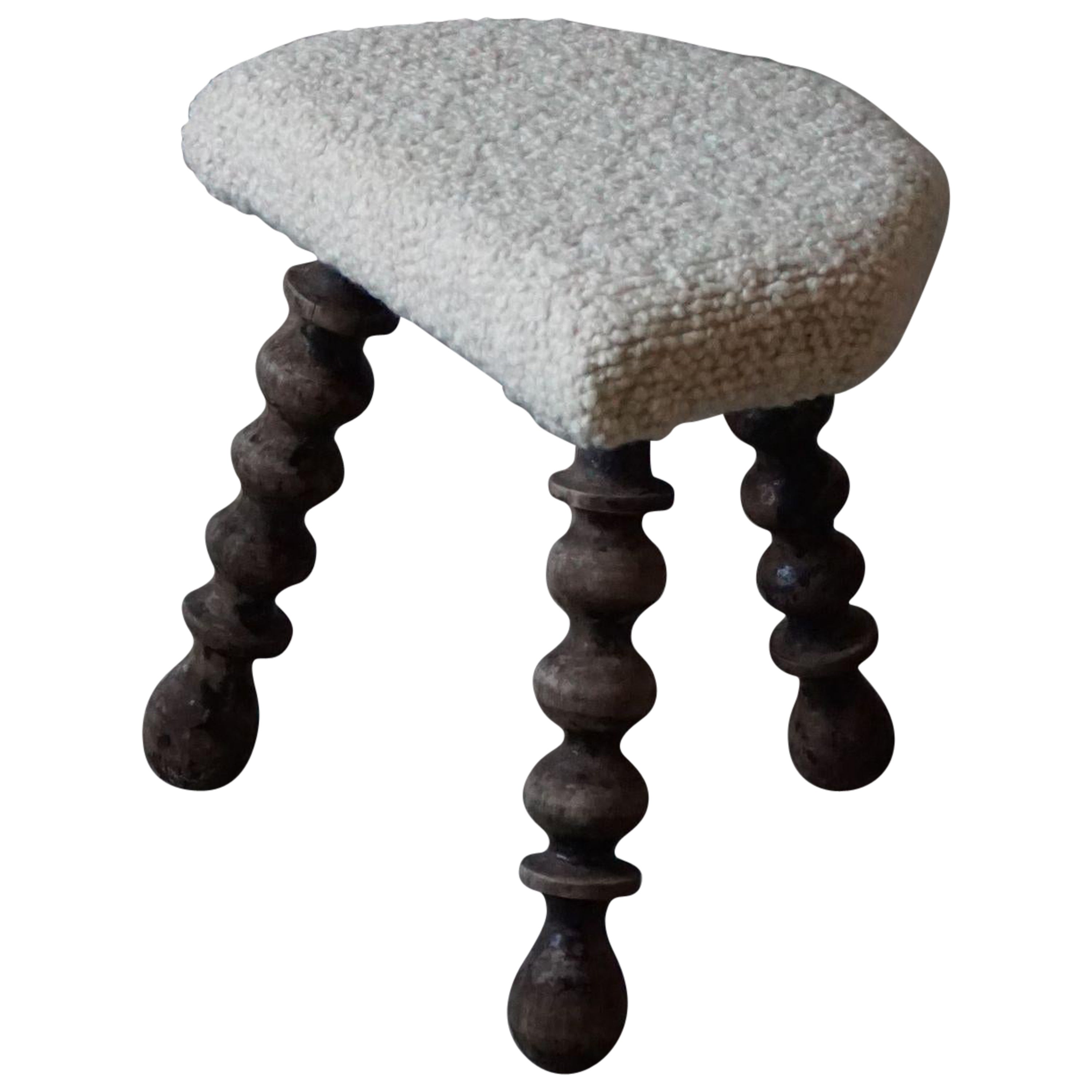 Mid-Century Modern Stool, Curled Legs, Oak & Bouclé, Danish Cabinetmaker, 1950s
