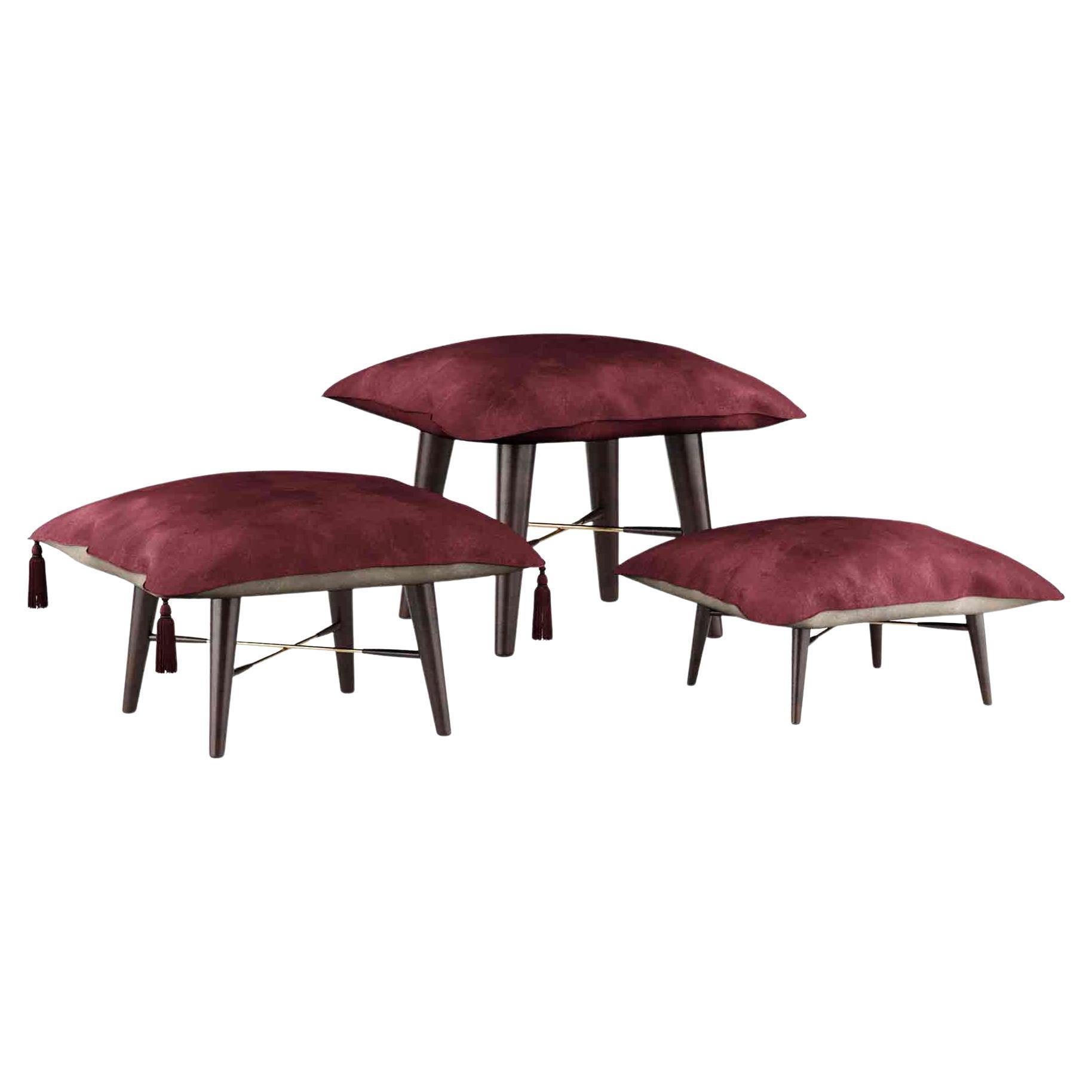 Modern Stool Set W/ Suede Upholstery, Black Lacquer and Brass Details For Sale