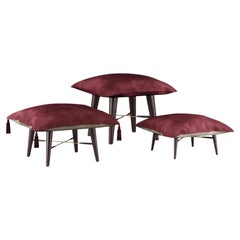 Modern Stool Set W/ Suede Upholstery, Black Lacquer and Brass Details