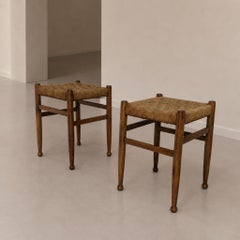 Mid Century Modern Stools Charlotte Perriand Style Wood and Woven Rope, 60s