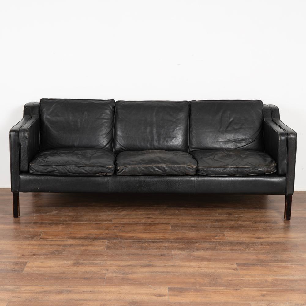 Danish Mid-Century Modern Stouby Vintage Black Leather Three Seat Sofa, Denmark 1960s