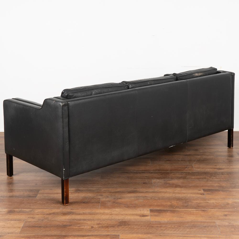 Mid-Century Modern Stouby Vintage Black Leather Three Seat Sofa, Denmark 1960s In Good Condition In Round Top, TX