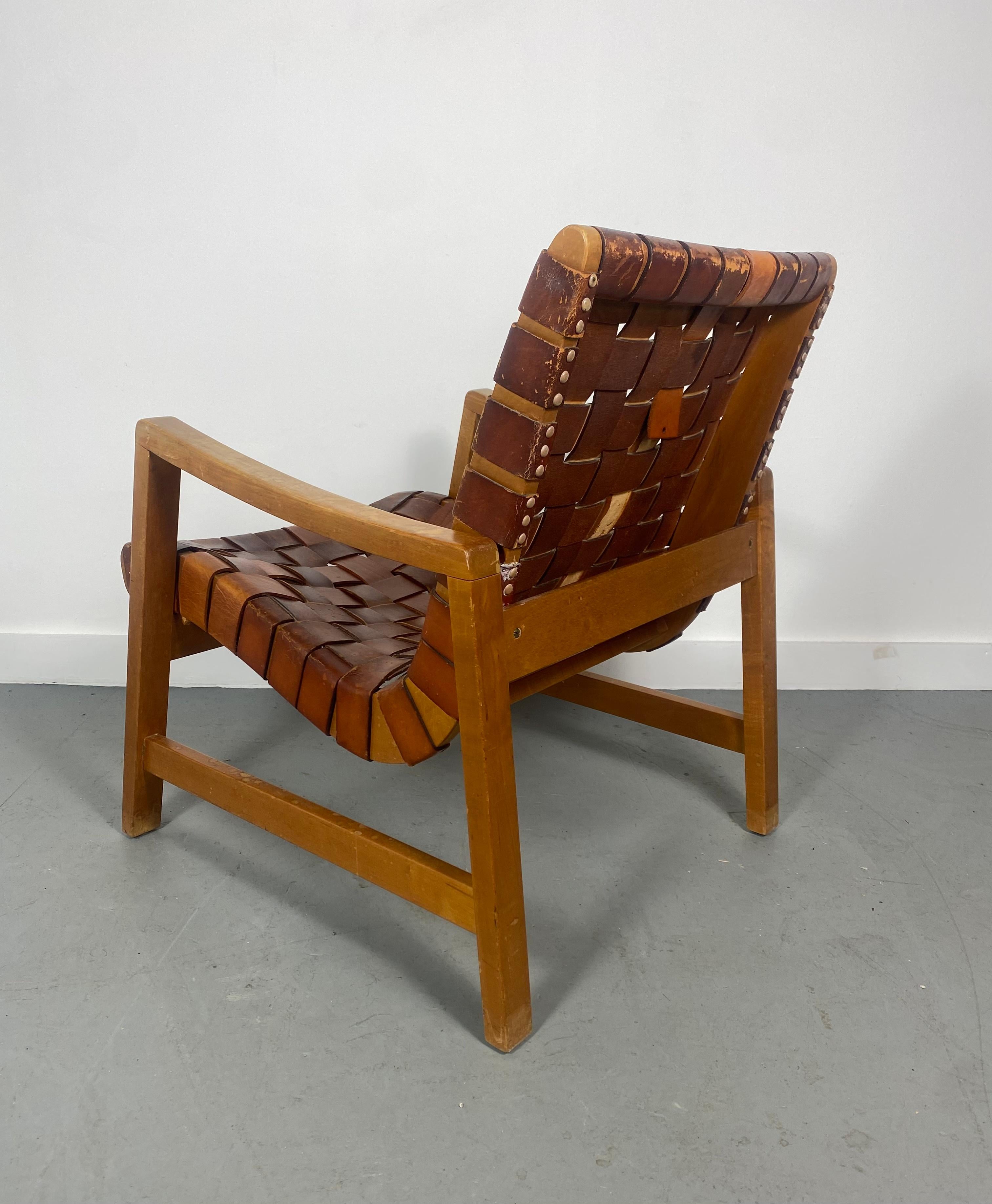 Mid-Century Modern Strap Leather Webbed Lounge Chair by Jens Risom for Knoll 5