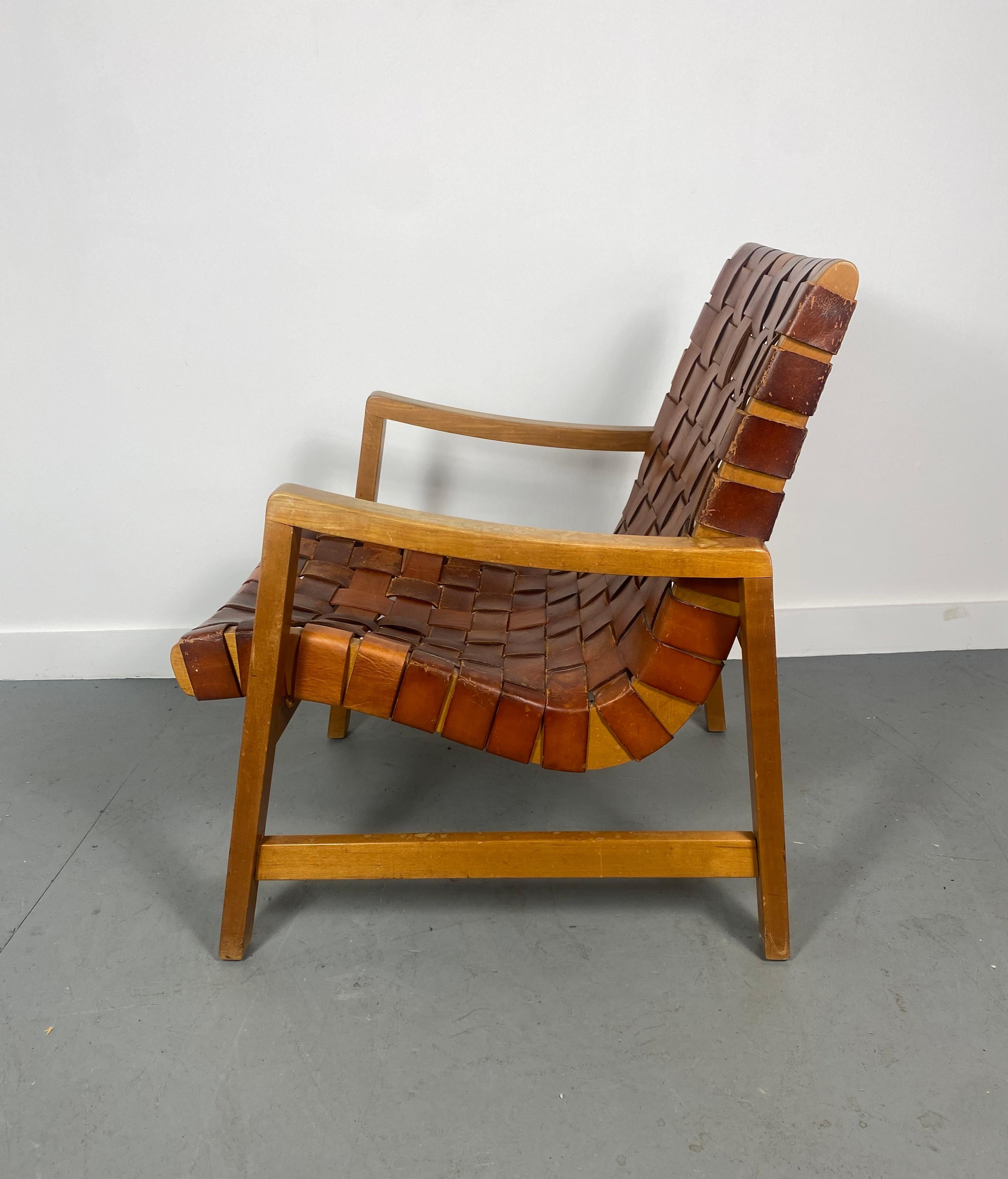 Mid-Century Modern Strap Leather Webbed Lounge Chair by Jens Risom for Knoll 1