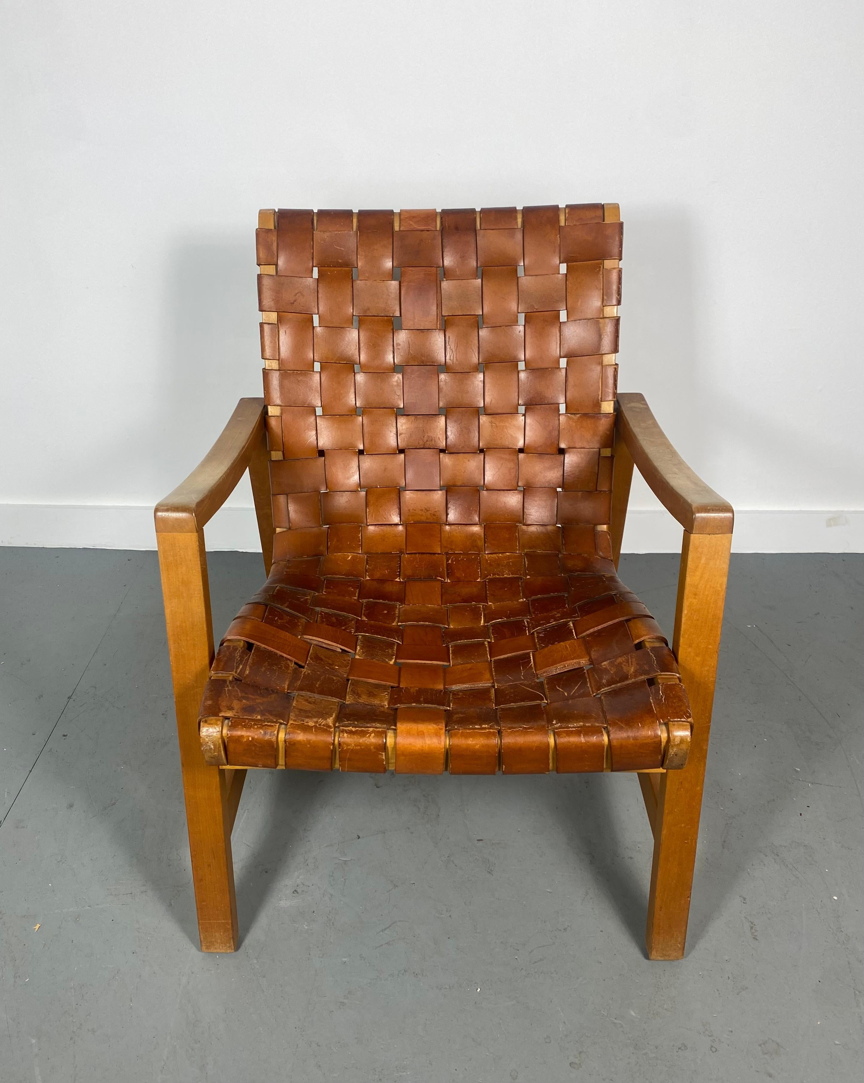 Mid-Century Modern Strap Leather Webbed Lounge Chair by Jens Risom for Knoll 3
