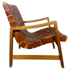 Mid-Century Modern Strap Leather Webbed Lounge Chair by Jens Risom for Knoll