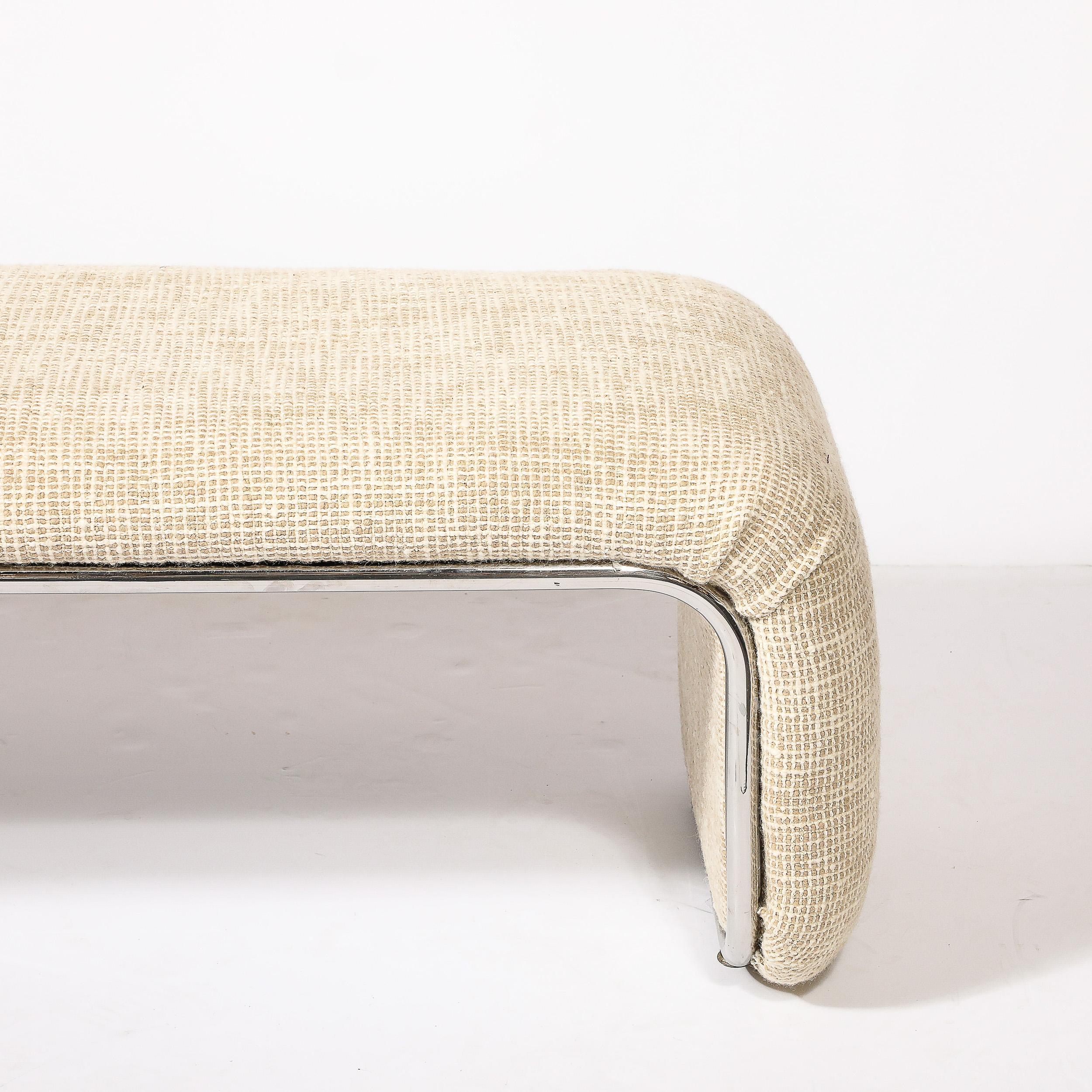 American Mid-Century Modern Streamlined Waterfall Bench in Chrome & Holly Hunt Upholstery