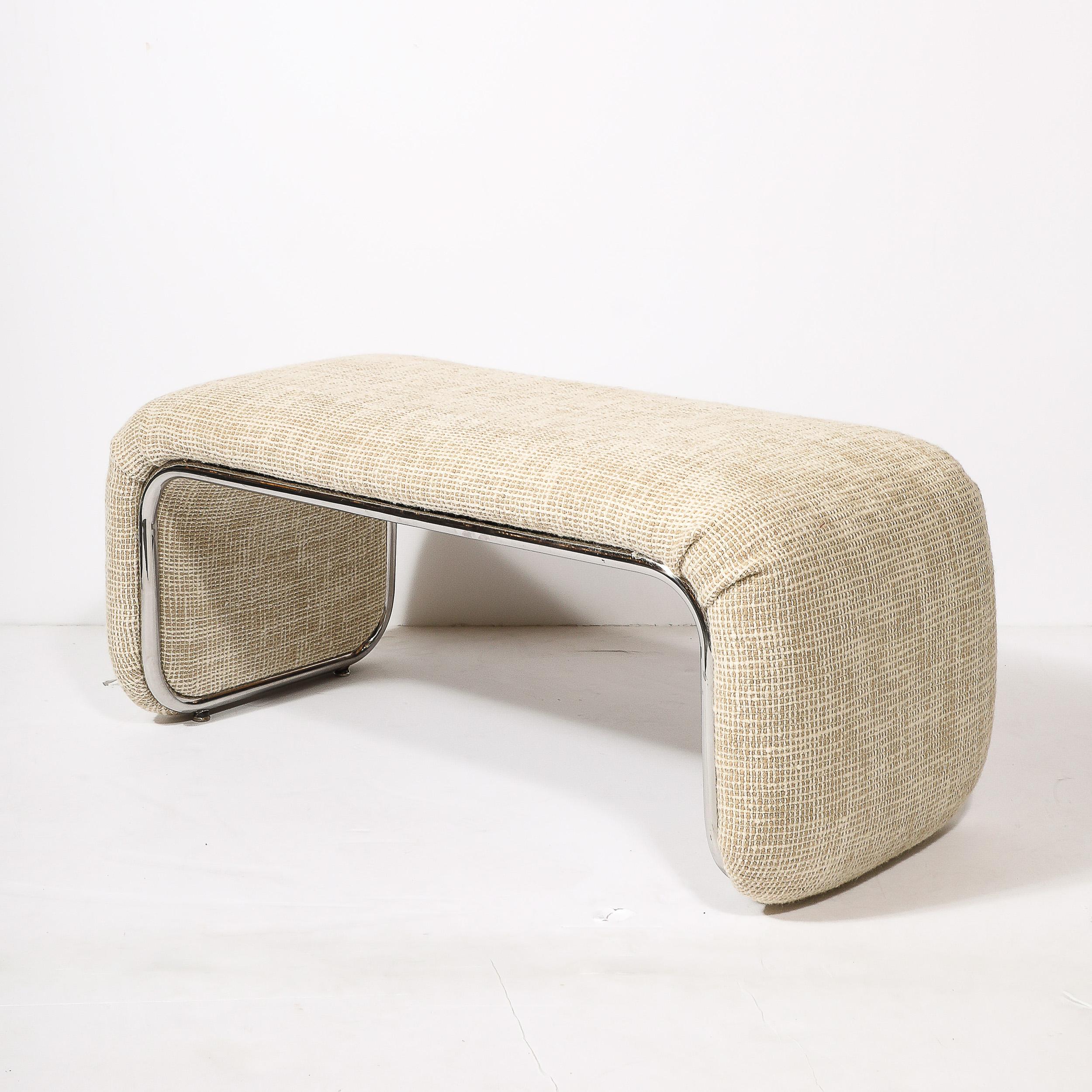 Late 20th Century Mid-Century Modern Streamlined Waterfall Bench in Chrome & Holly Hunt Upholstery