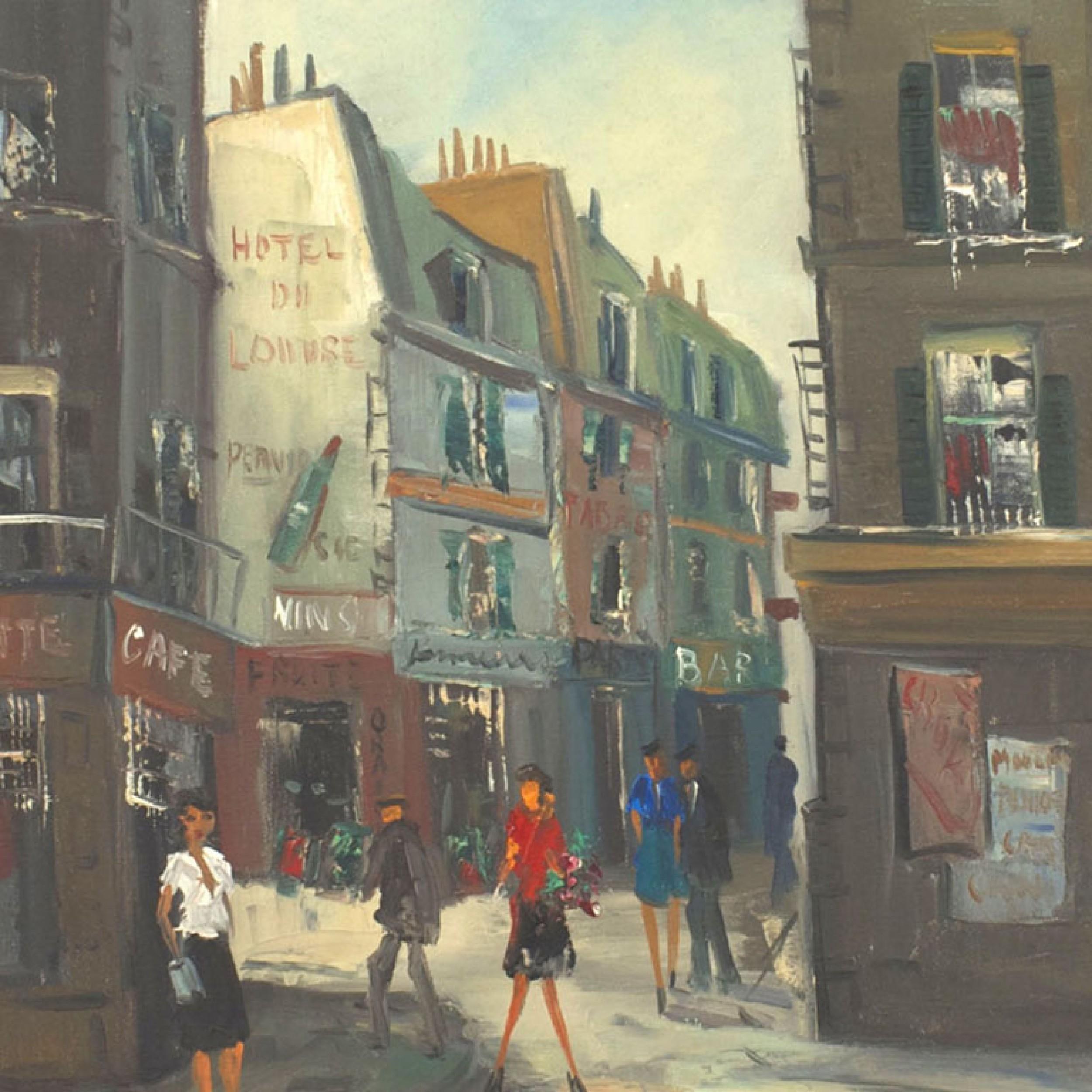 Mid-Century modern painting of a street scene in a wood frame.