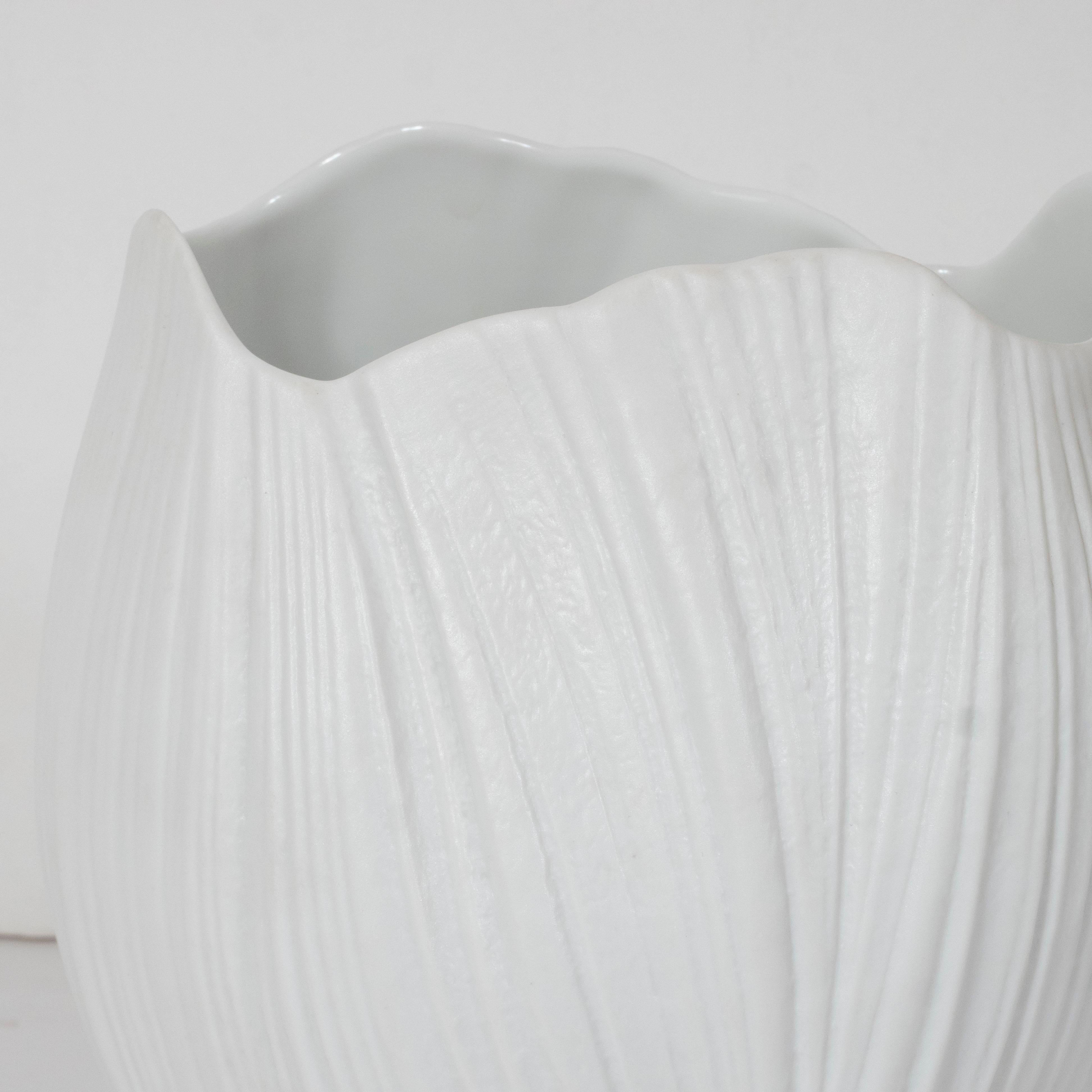 American Mid-Century Modern Striated White Ceramic Vase by Martin Freyer for Rosenthal