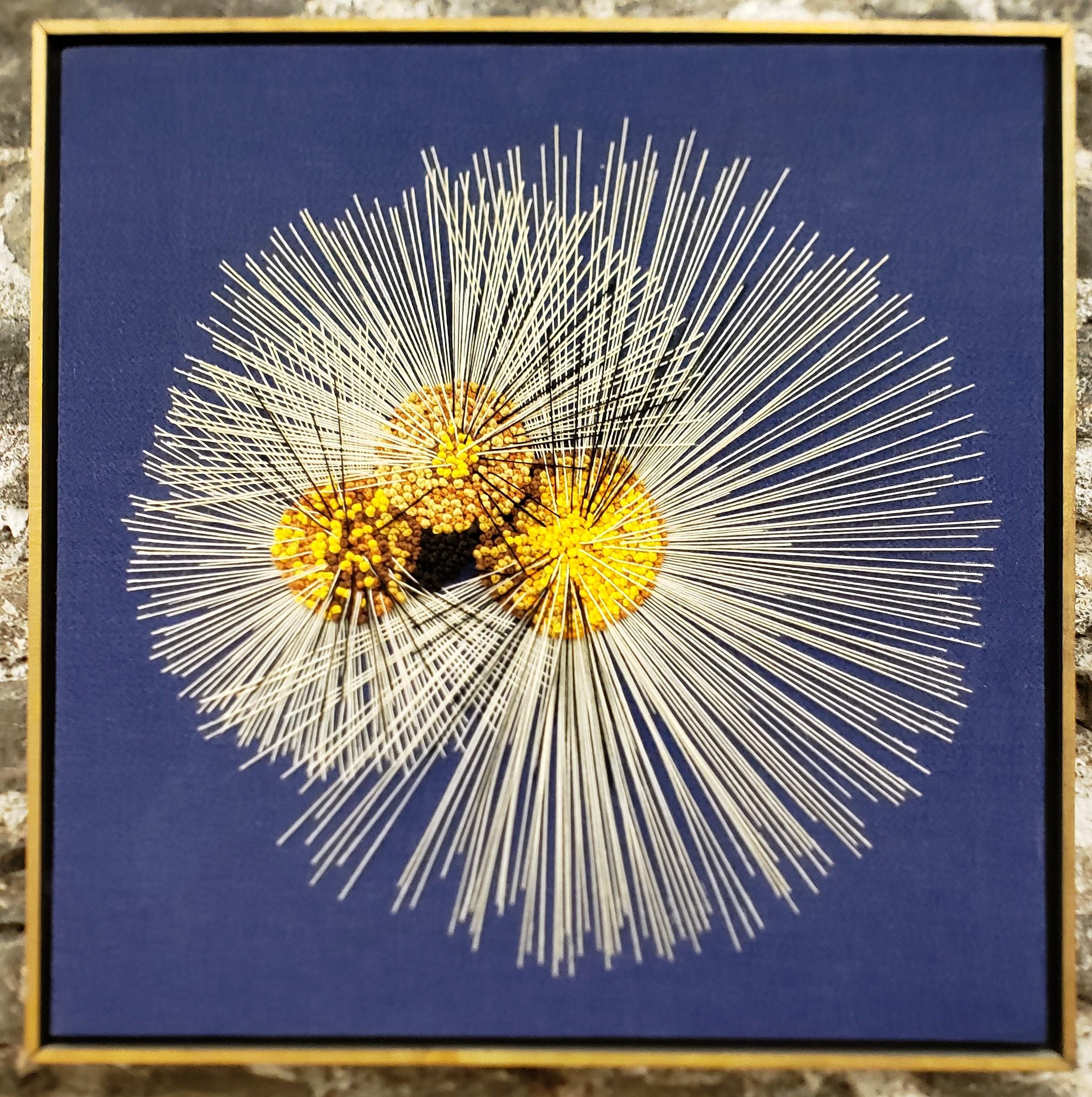 Hand-Crafted Mid-Century Modern String & Wool on Burlap Framed Stylized Floral Wall Sculpture For Sale