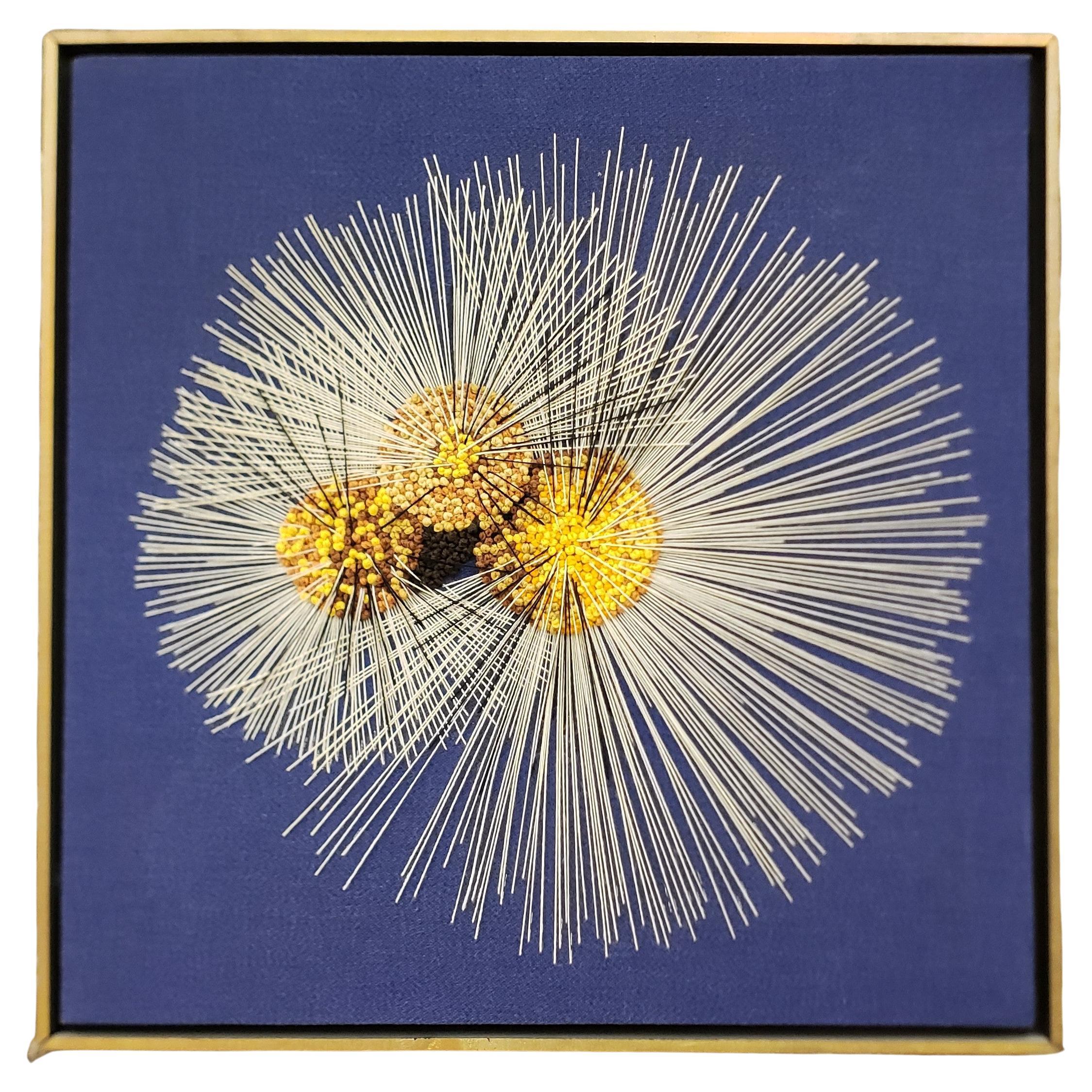 Mid-Century Modern String & Wool on Burlap Framed Stylized Floral Wall Sculpture For Sale