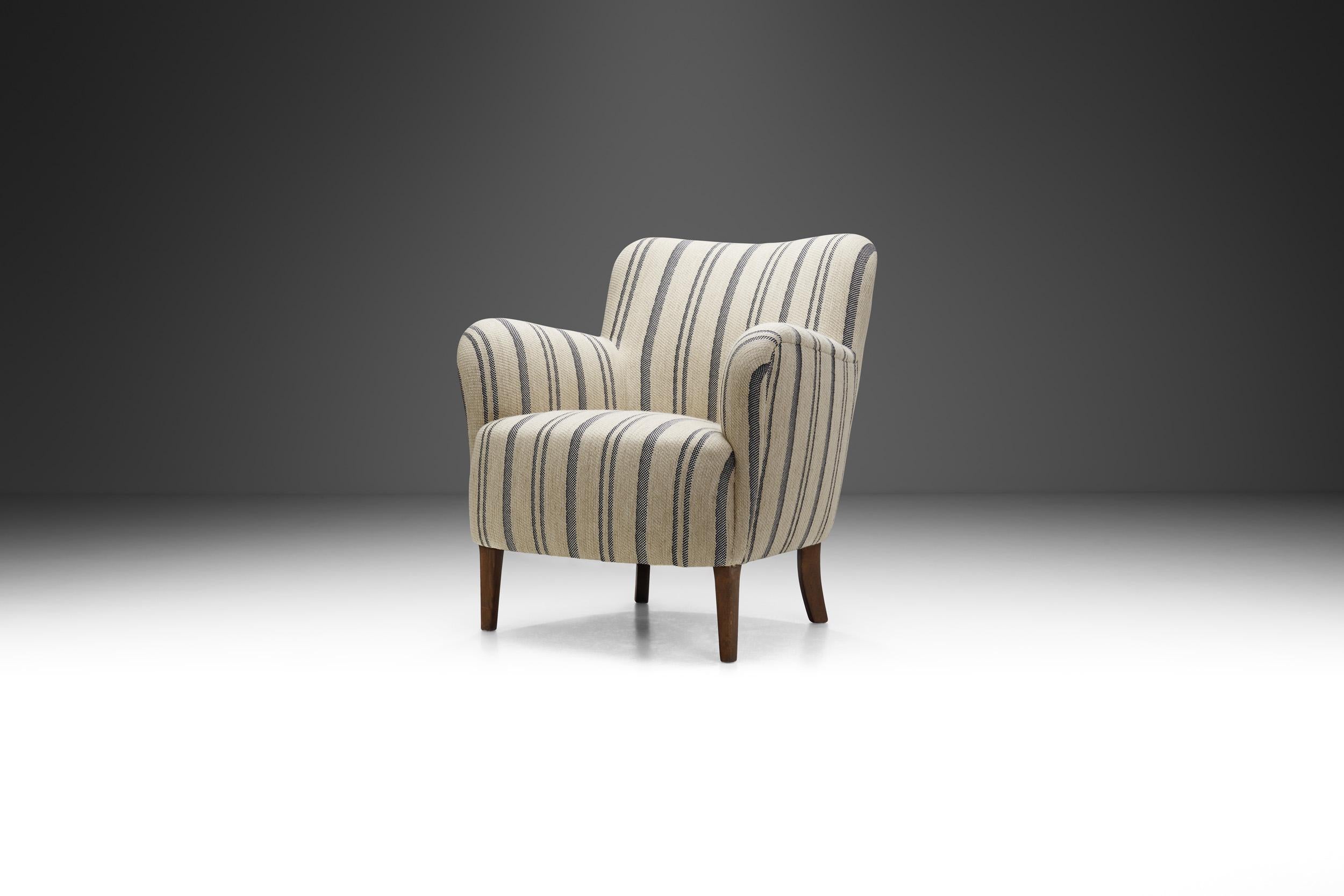 Danish Mid-Century Modern Striped Lowback Easy Chair, Denmark ca 1940s For Sale