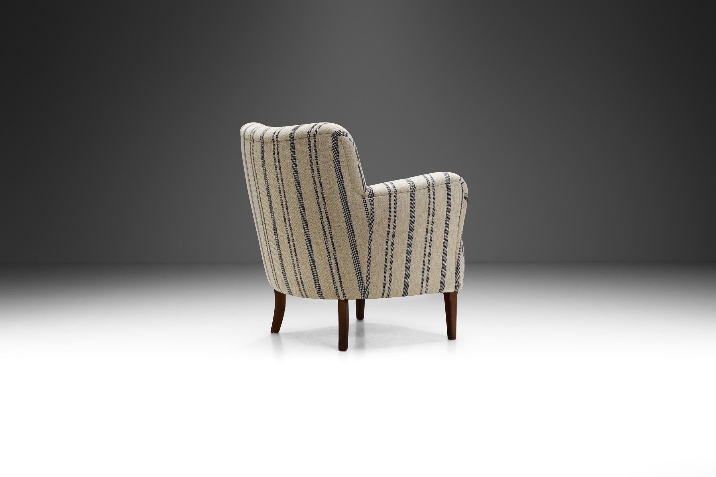 Fabric Mid-Century Modern Striped Lowback Easy Chair, Denmark ca 1940s For Sale
