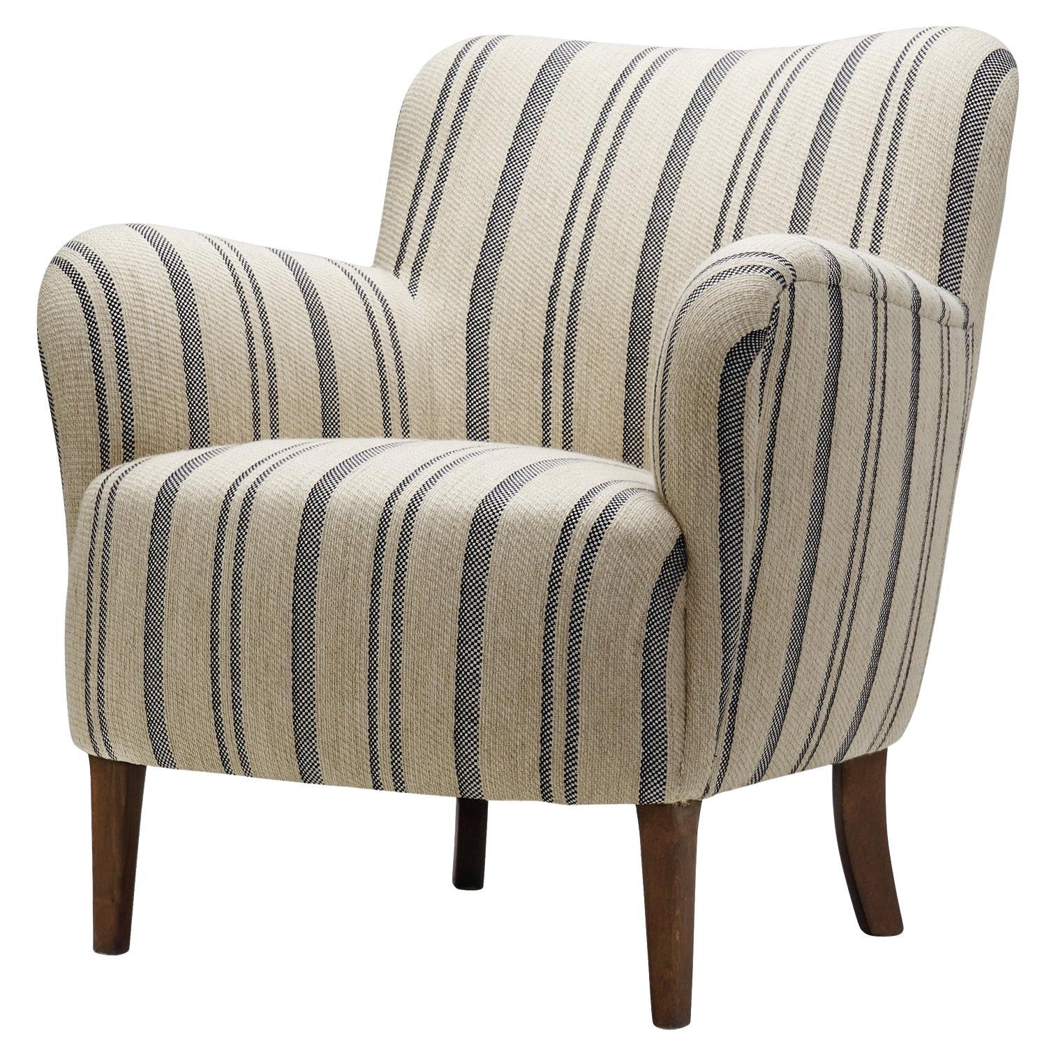 Mid-Century Modern Striped Lowback Easy Chair, Denmark ca 1940s For Sale