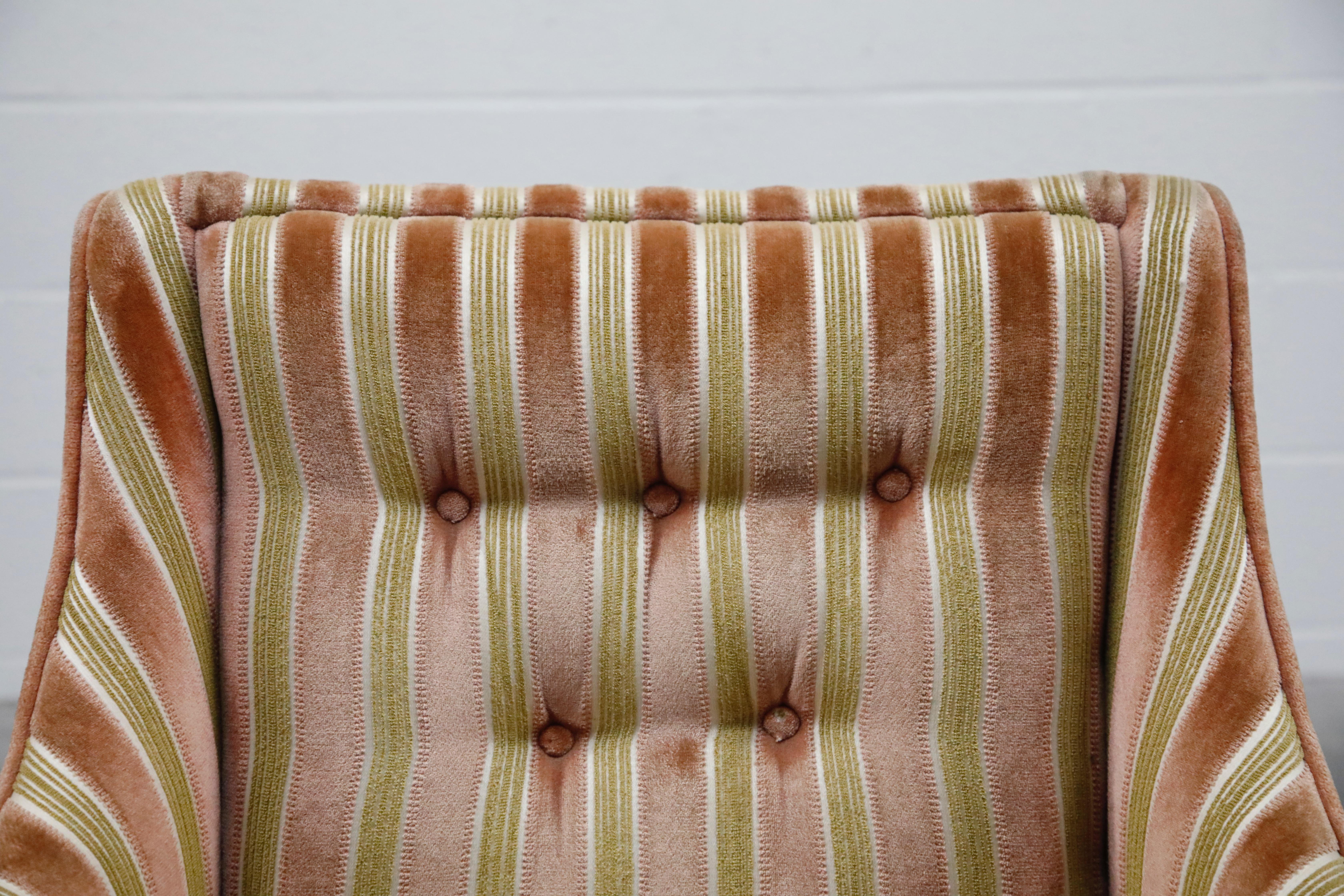 Mid-Century Modern Striped Velvet Fireside Armchair in Olive Green and Pink 2