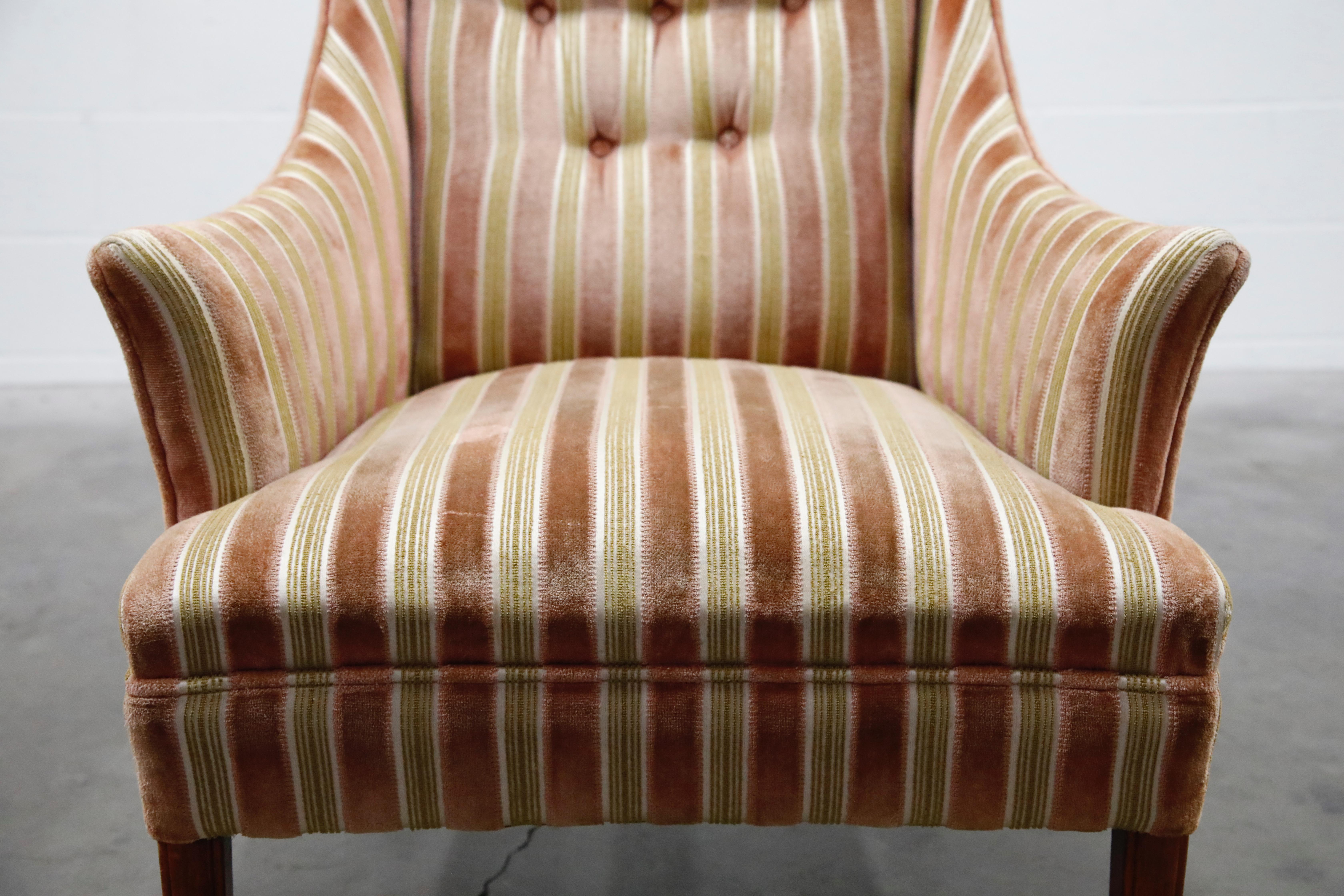 Mid-Century Modern Striped Velvet Fireside Armchair in Olive Green and Pink 3