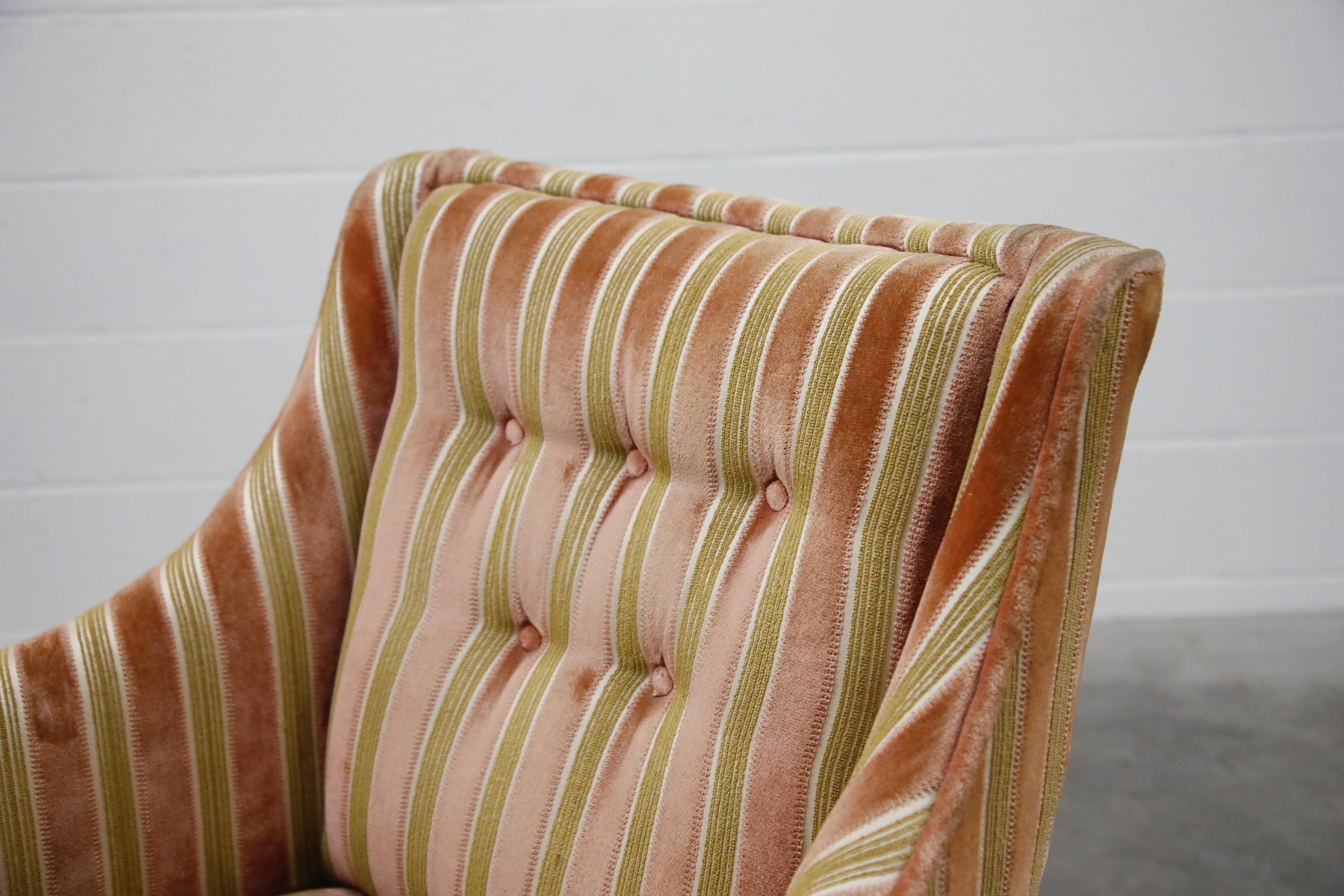 Mid-Century Modern Striped Velvet Fireside Armchair in Olive Green and Pink 4