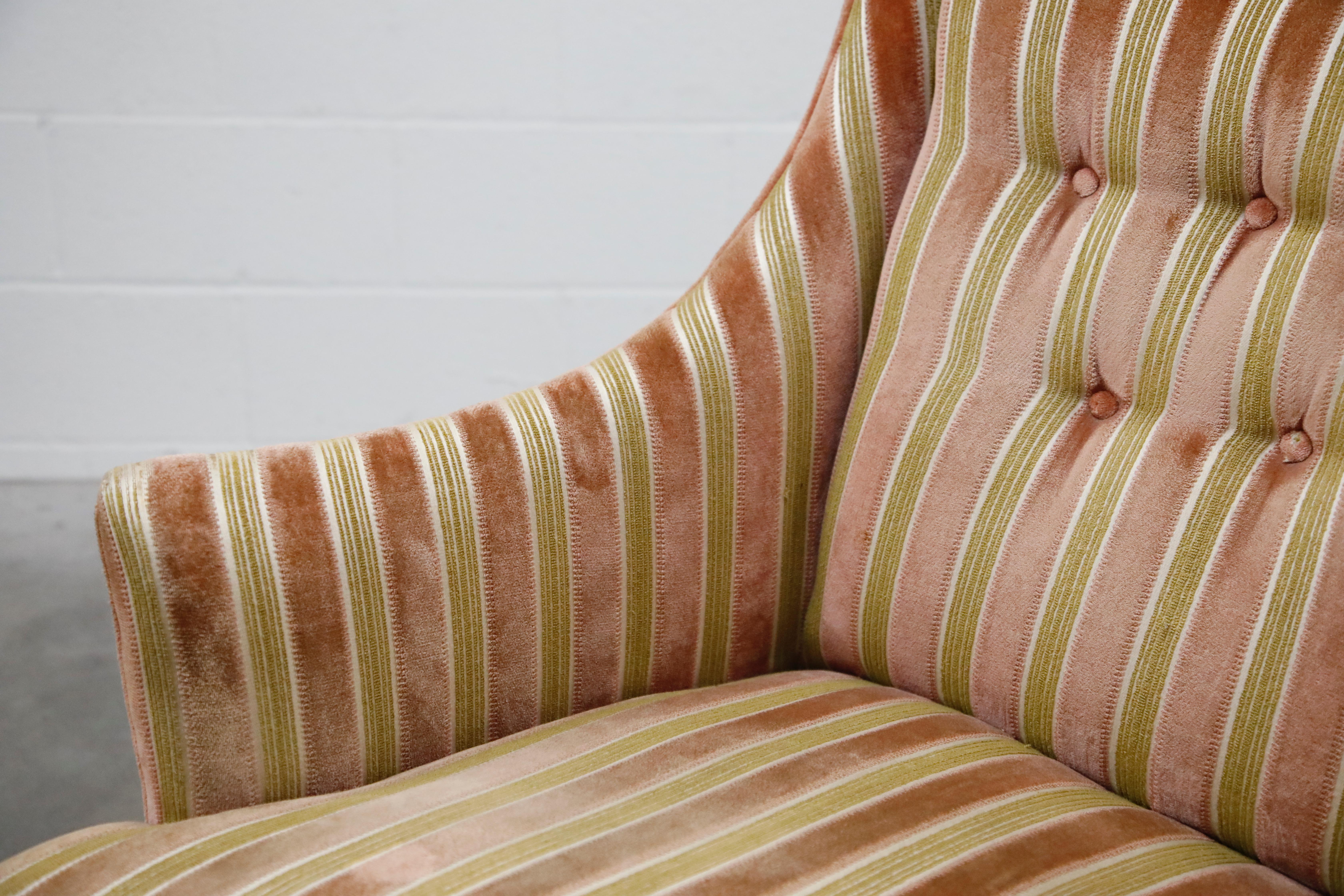 Mid-Century Modern Striped Velvet Fireside Armchair in Olive Green and Pink 5