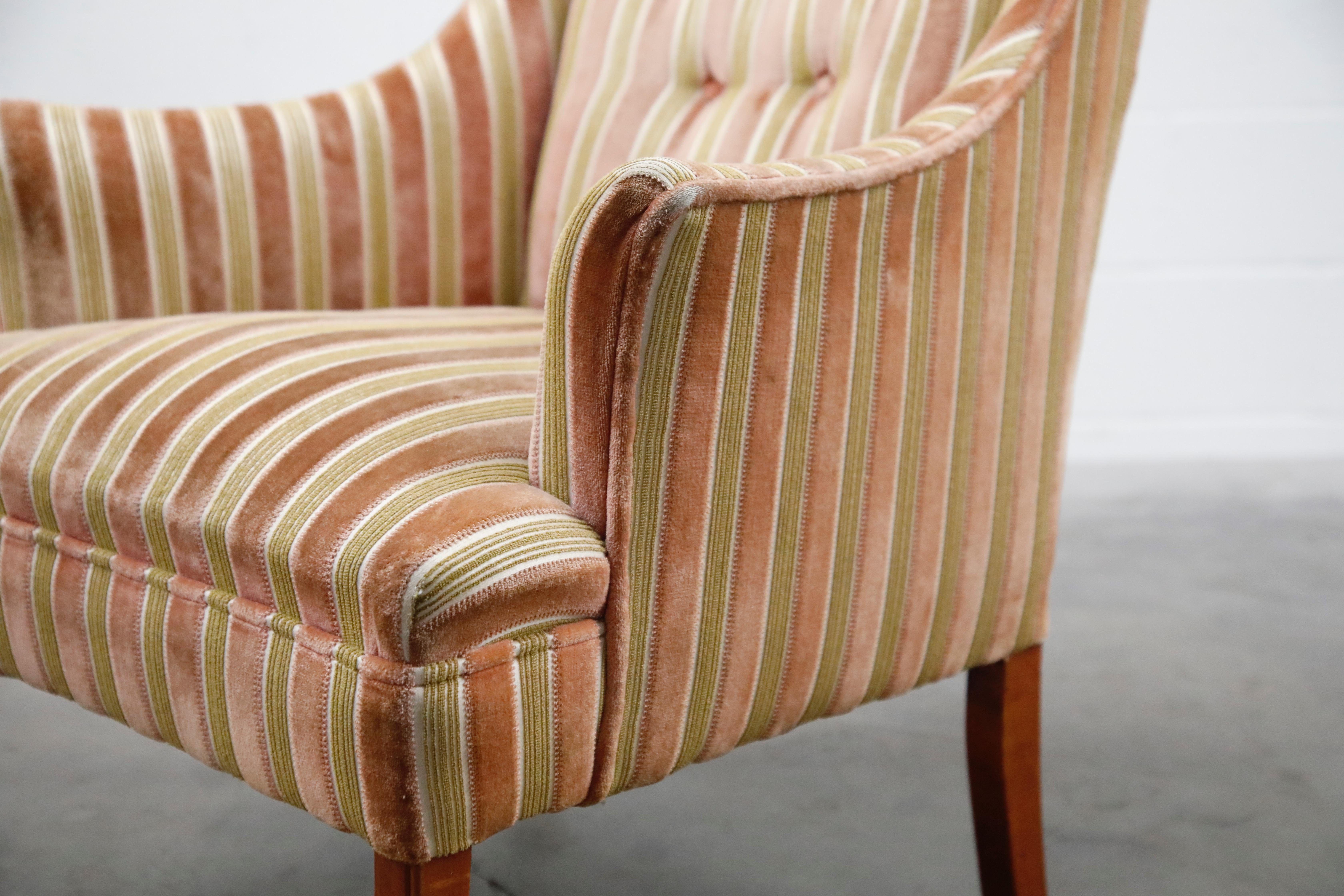 Mid-Century Modern Striped Velvet Fireside Armchair in Olive Green and Pink 6