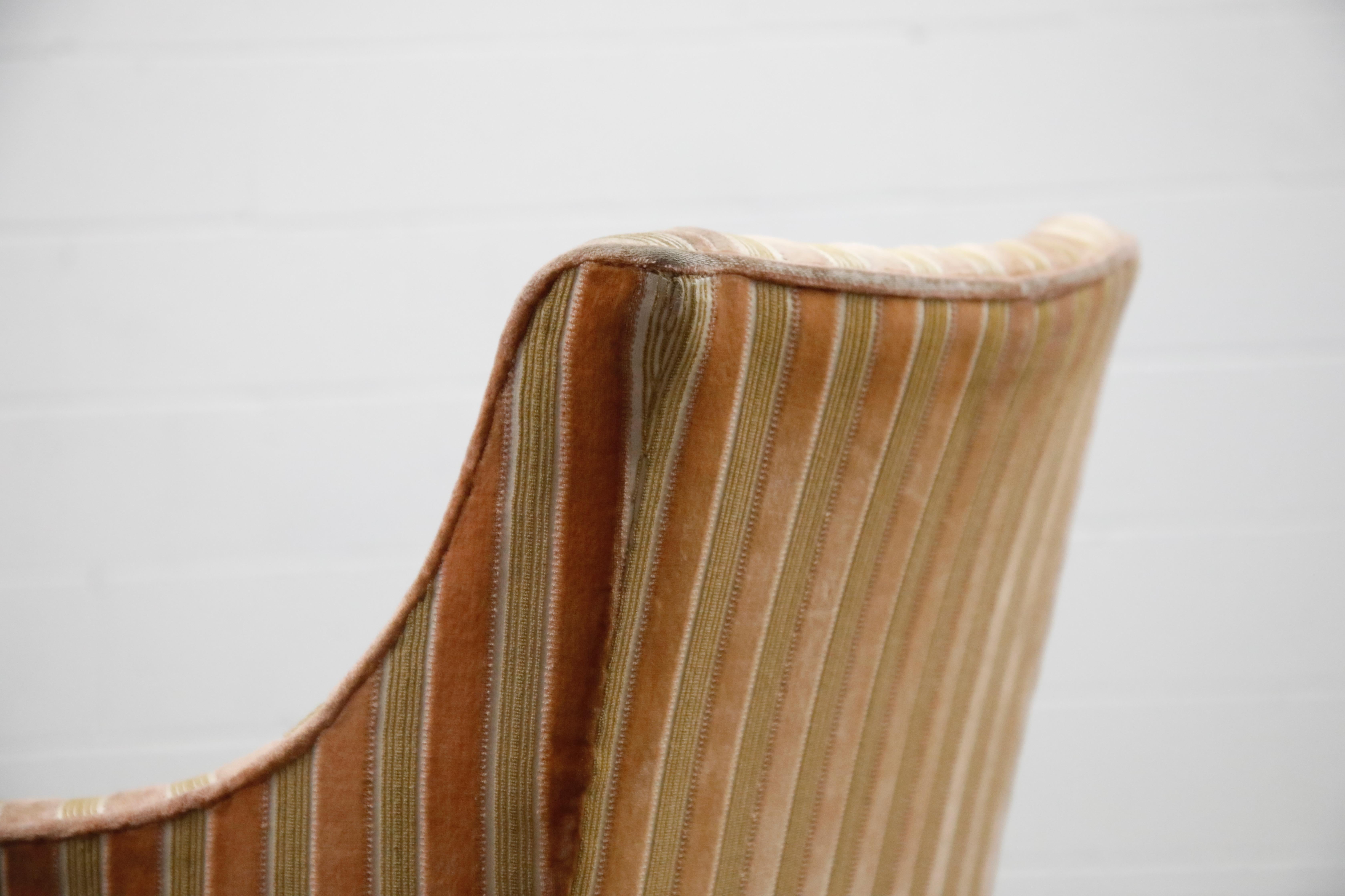 Mid-Century Modern Striped Velvet Fireside Armchair in Olive Green and Pink 7