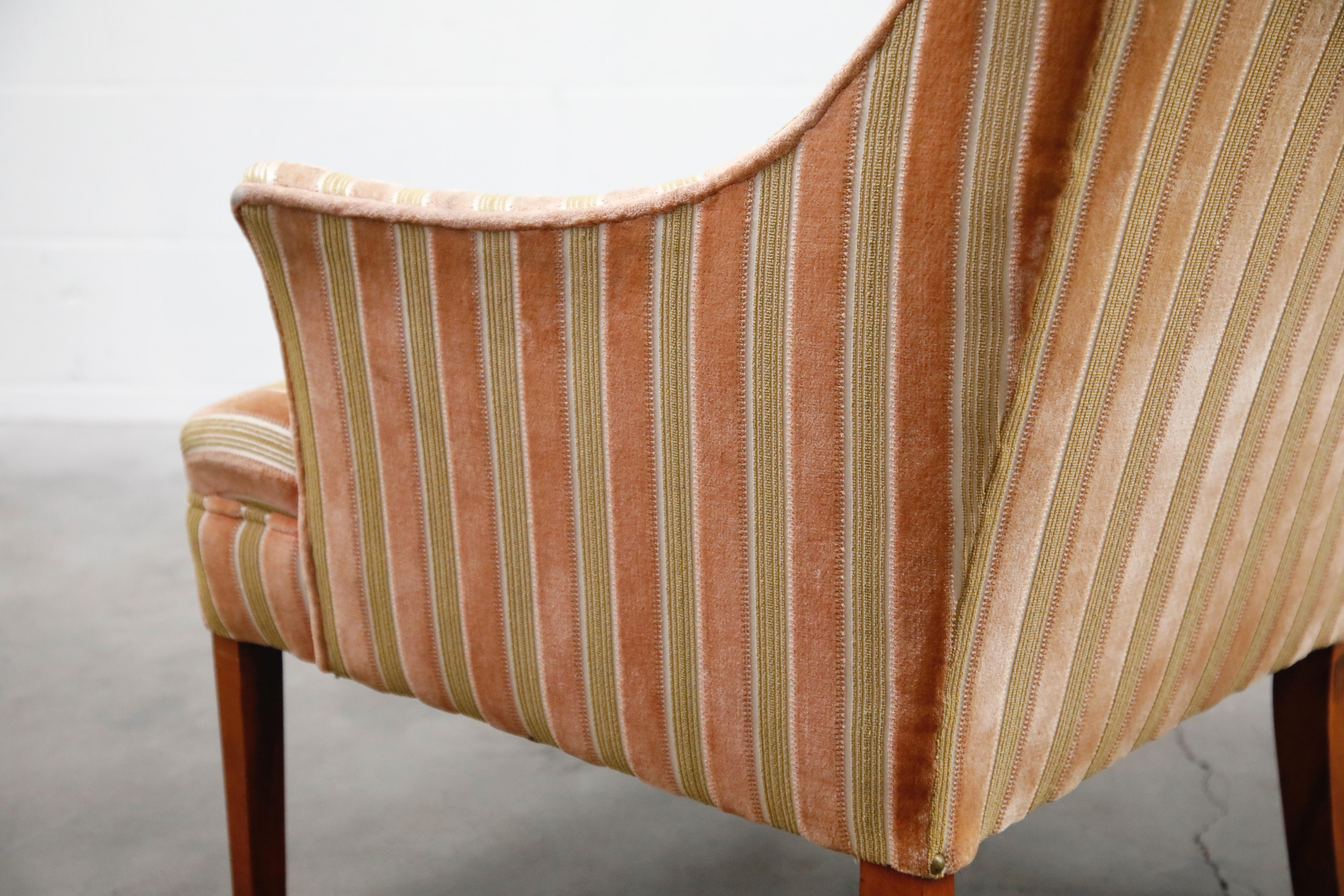 Mid-Century Modern Striped Velvet Fireside Armchair in Olive Green and Pink 8