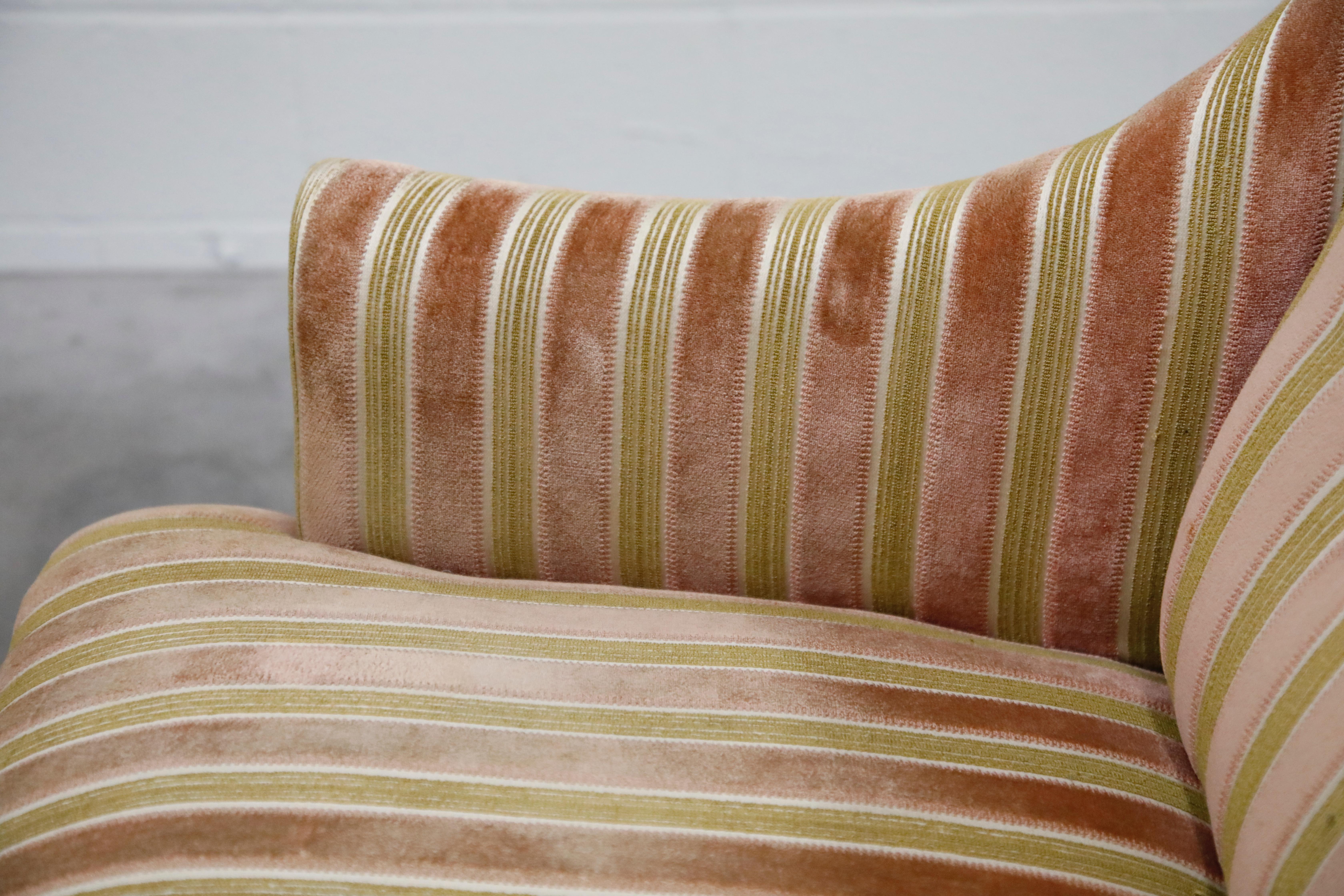 Mid-Century Modern Striped Velvet Fireside Armchair in Olive Green and Pink 9