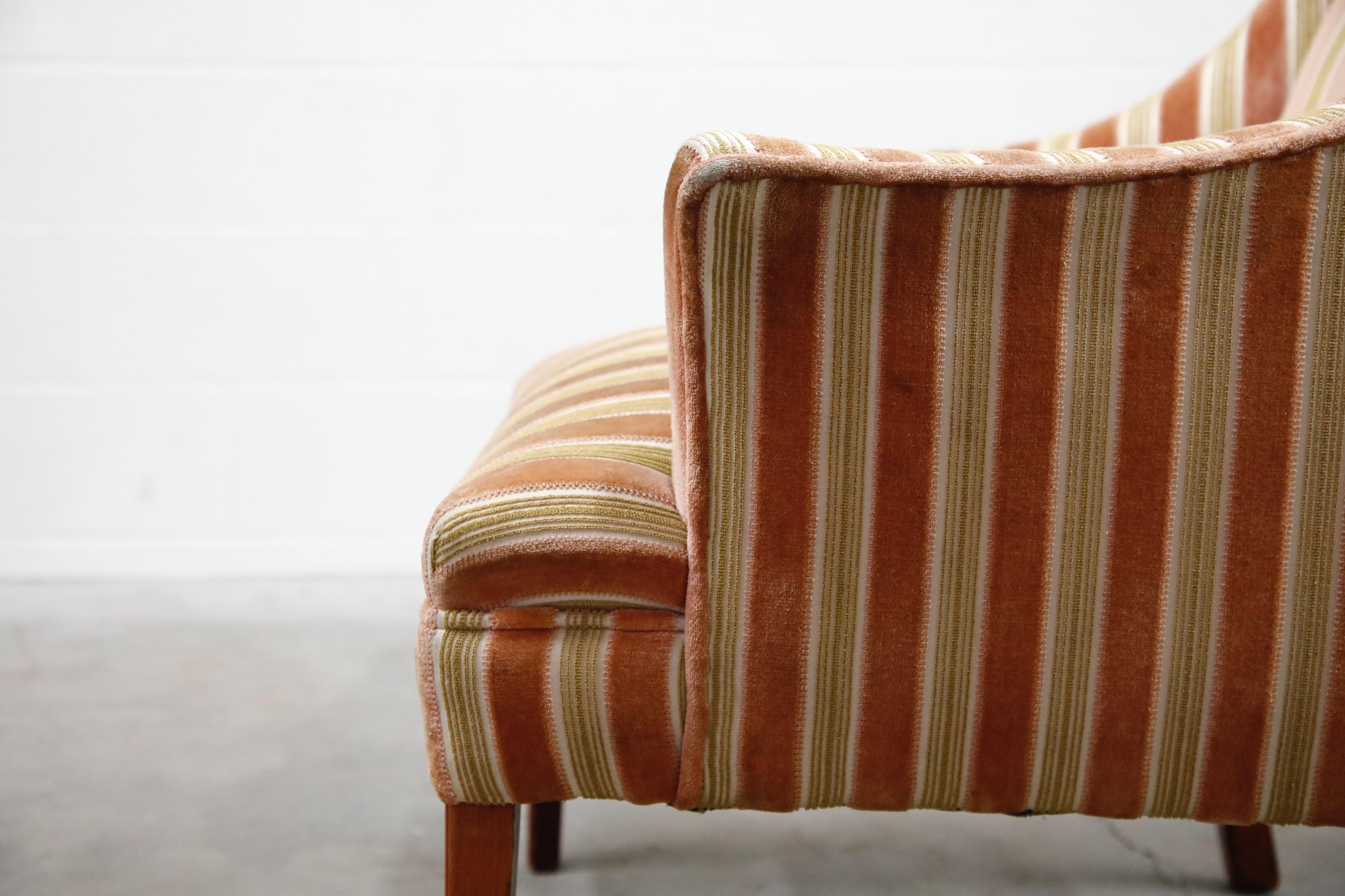 Mid-Century Modern Striped Velvet Fireside Armchair in Olive Green and Pink 10