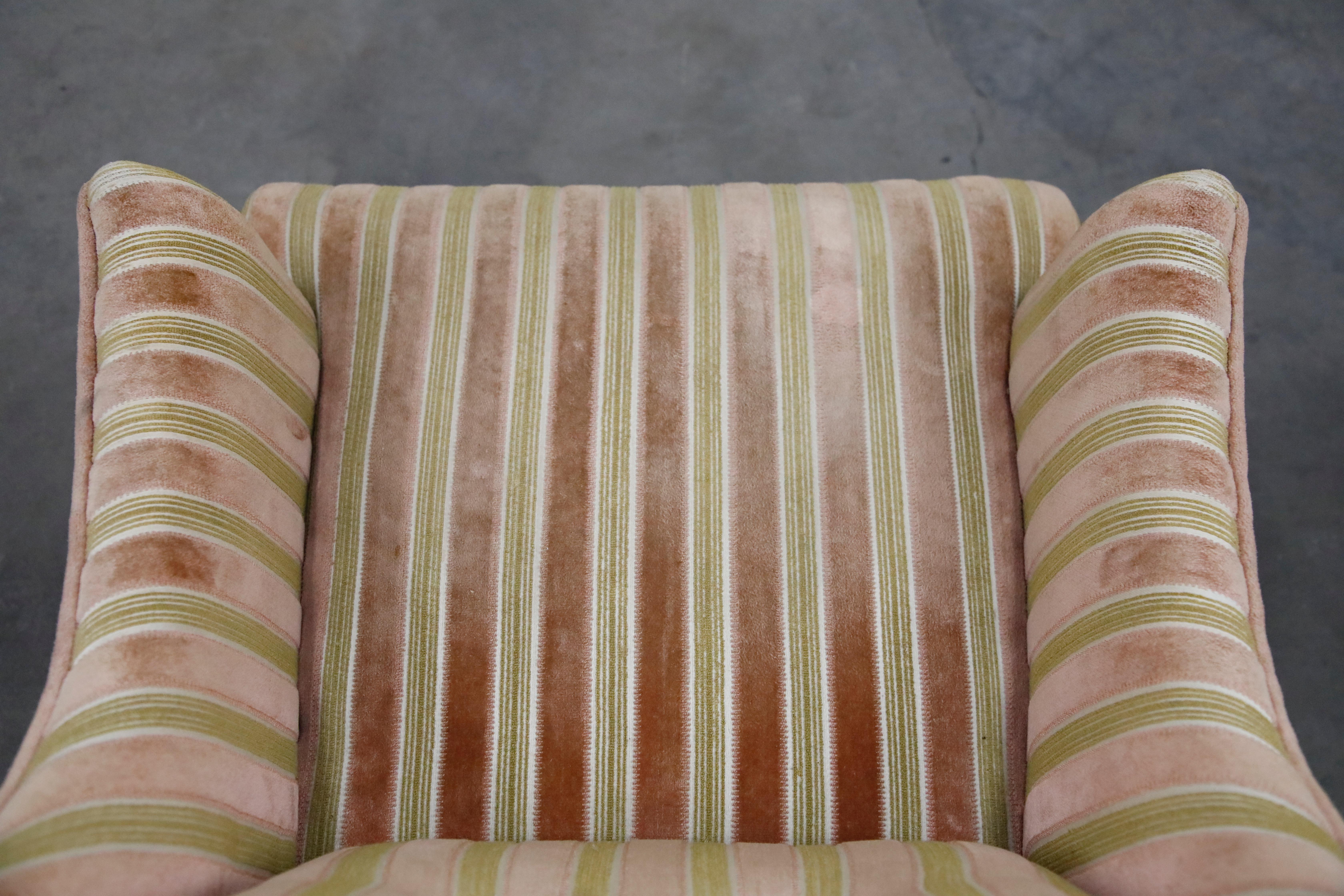 Mid-Century Modern Striped Velvet Fireside Armchair in Olive Green and Pink 11