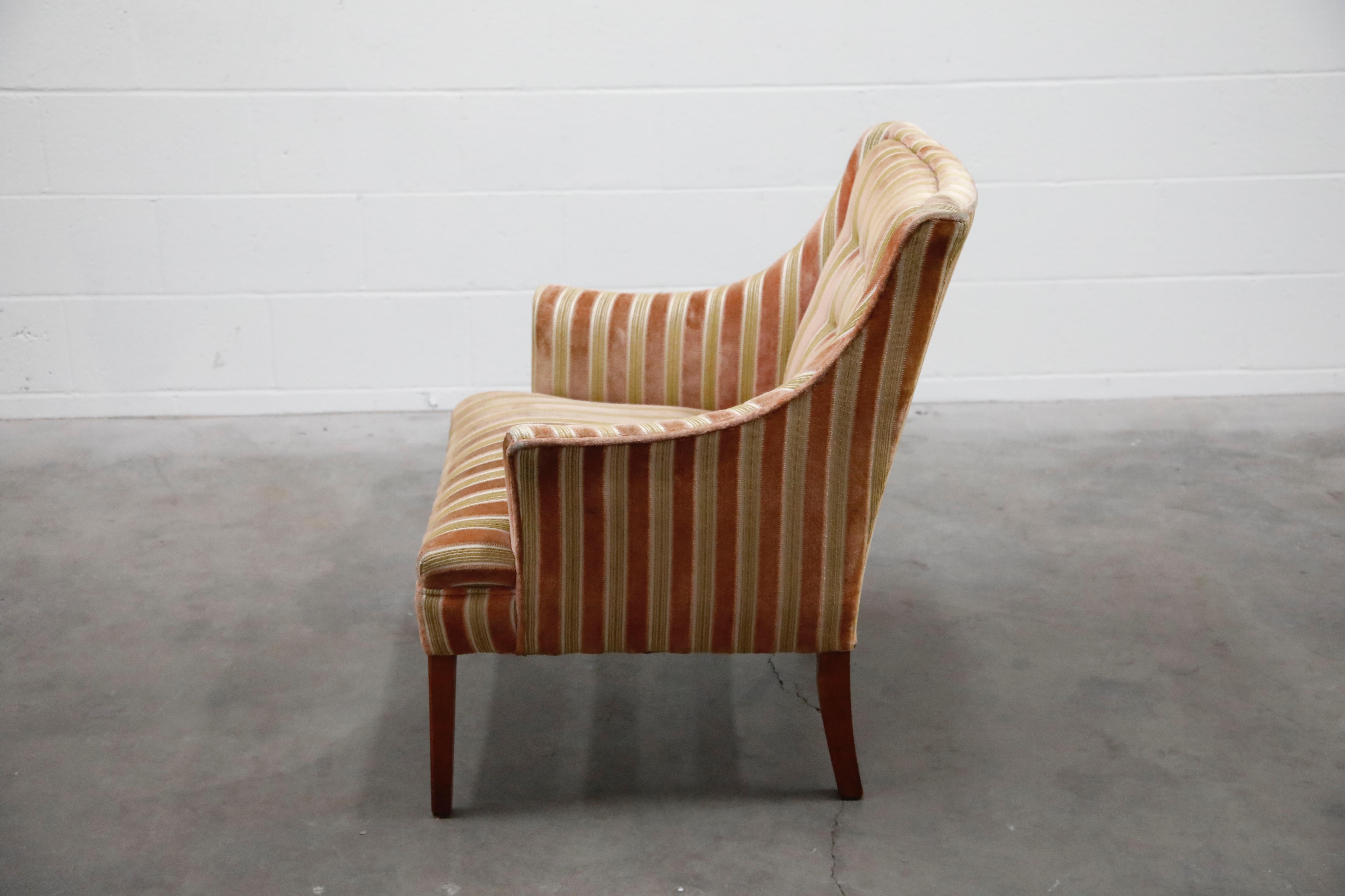 Unknown Mid-Century Modern Striped Velvet Fireside Armchair in Olive Green and Pink