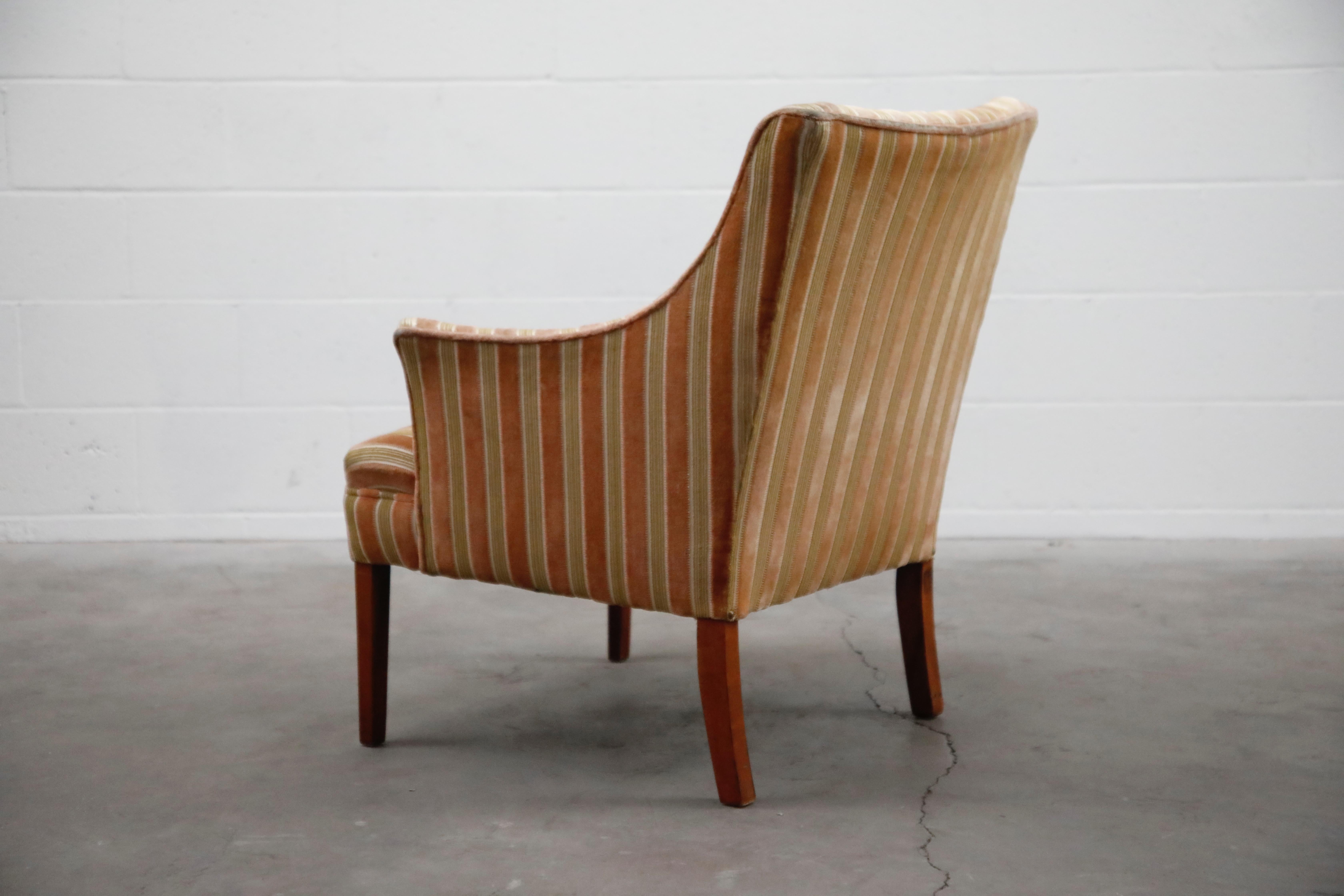 Mid-Century Modern Striped Velvet Fireside Armchair in Olive Green and Pink In Good Condition In Los Angeles, CA