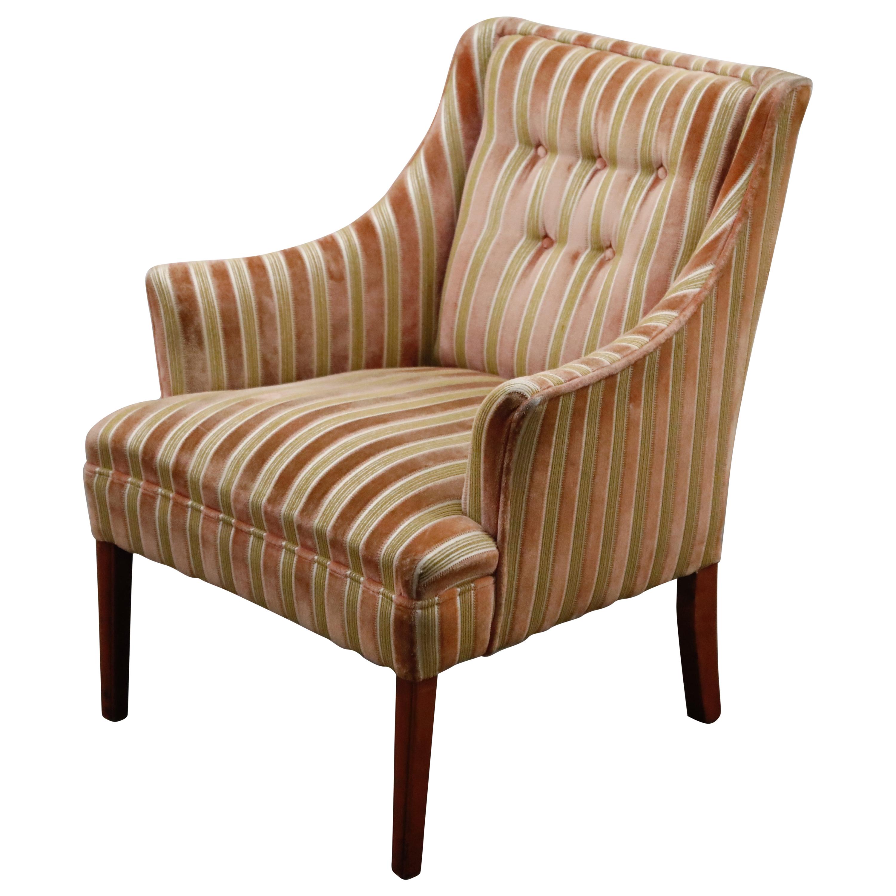 MidCentury Modern Striped Velvet Fireside Armchair in Olive Green and