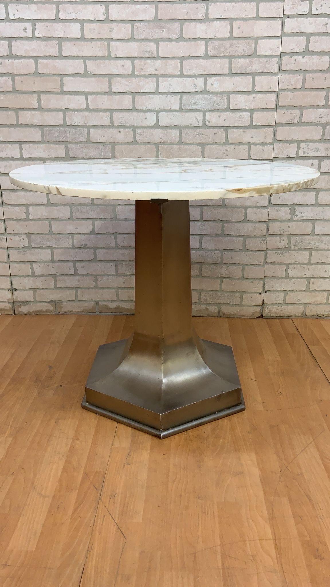 Mid Century Modern Structural Metal Octagonal Pedestal Base Italian Marble Top Hall/Flower/Cocktail/Dinette Table  - Pair

Crafted with a sleek and sturdy metal base, this table showcases a unique octagonal design that adds a touch of modern