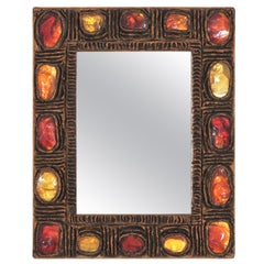 Mid-Century Modern Stucco Mirror with Yellow, Amber & Orange Rock Crystals