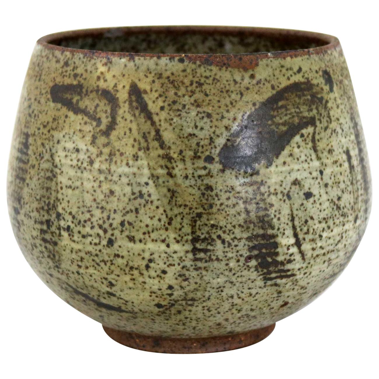 Vintage studio pottery planter Ceramic Circa 1970s. Mid-century Medium pot Wide neck Vase Plant pot Brown/cream glaze