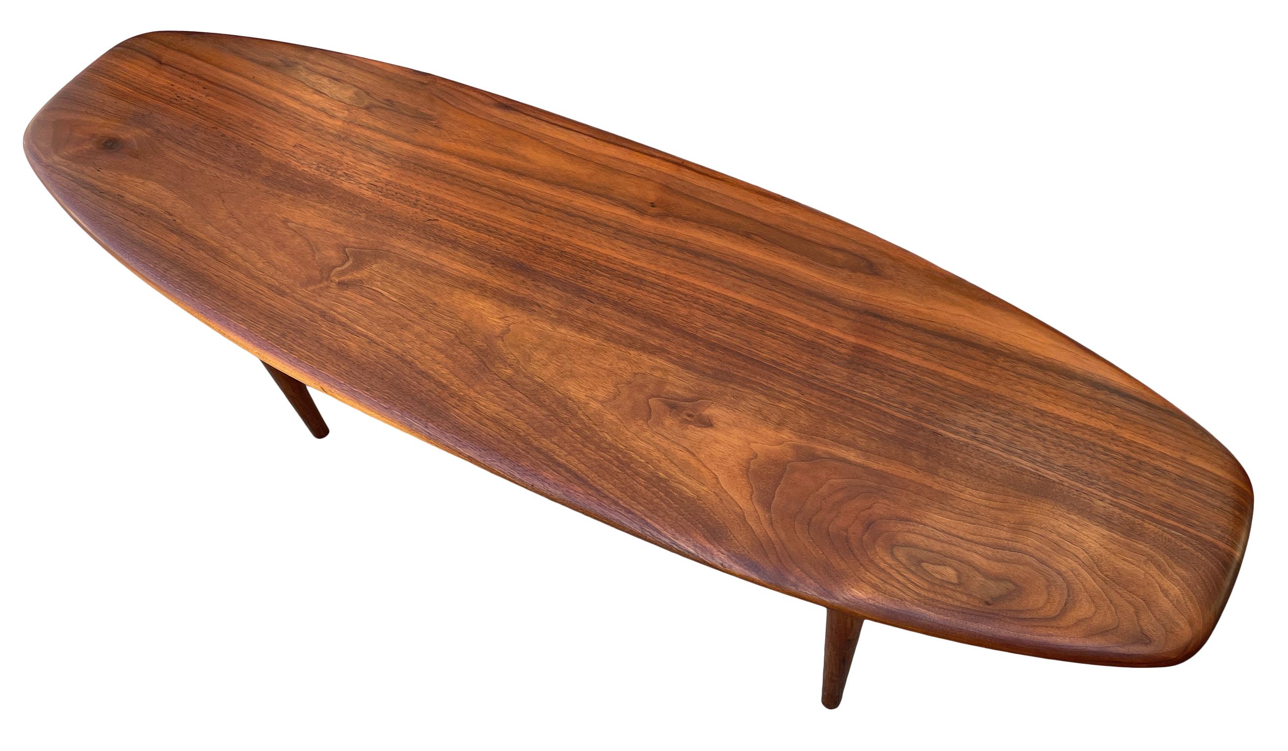 American Mid-Century Modern Studio Craft Small Surfboard Shaped Walnut Coffee Table