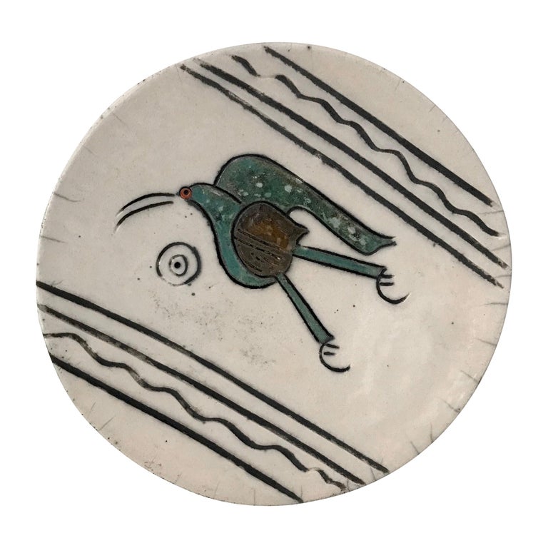 Mid-Century Modern Studio Pottery Ceramic Dish, Dodo Bird, Signed For Sale
