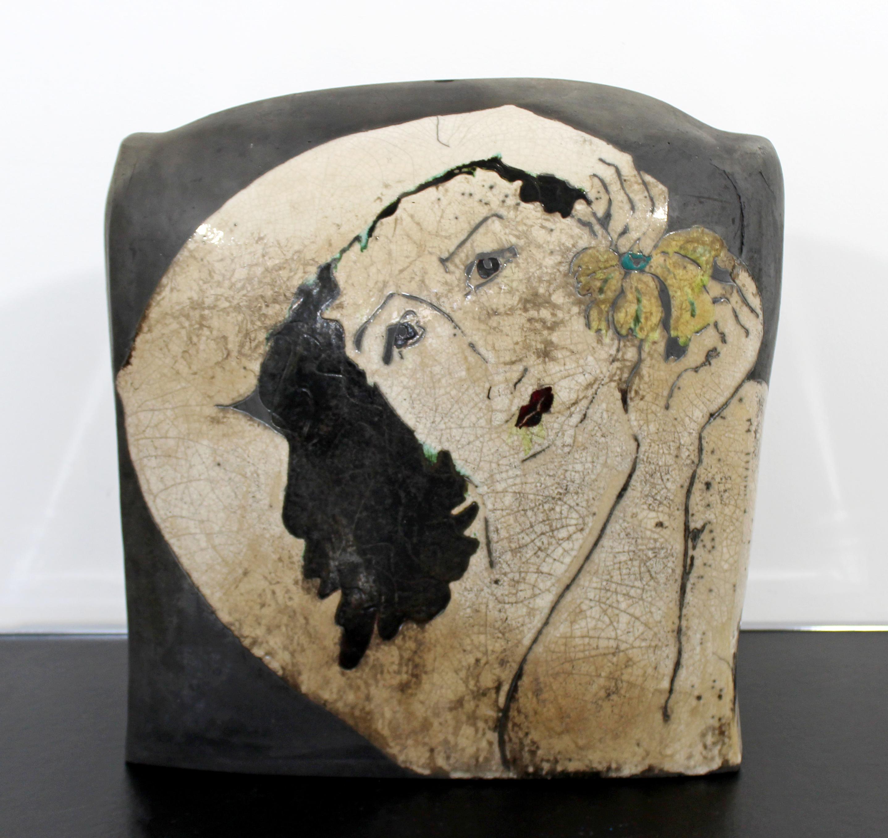 20th Century Mid-Century Modern Studio Signed Ceramic Vessel Table Sculpture Woman's Face