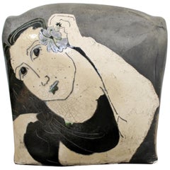 Mid-Century Modern Studio Signed Ceramic Vessel Table Sculpture Woman's Face