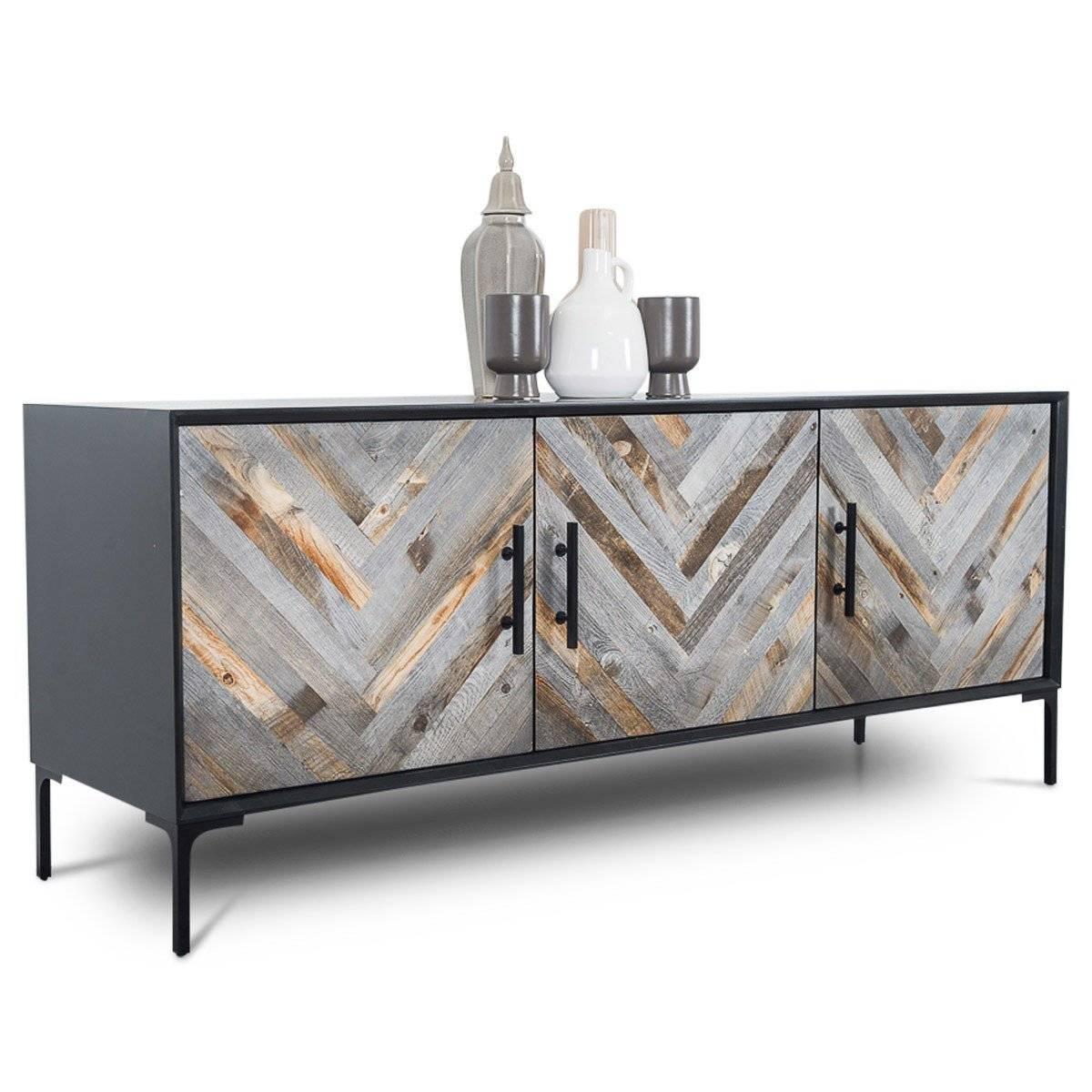 The Amalfi three-door credenza with recycled wood door fronts is perfect for any spaces, with recycled wood doors. Surrounded by a matte black or white finish, the wood pieces placed on the doors create a large herringbone effect. 

Dimensions:
72