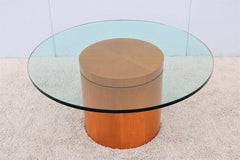 Mid-Century Modern Style 39 in Round Clear Glass Top Drum Wood Base Coffee Table