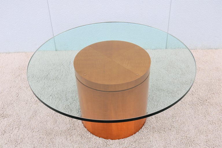 MidCentury Modern Style 39 in Round Clear Glass Top Drum Wood Base