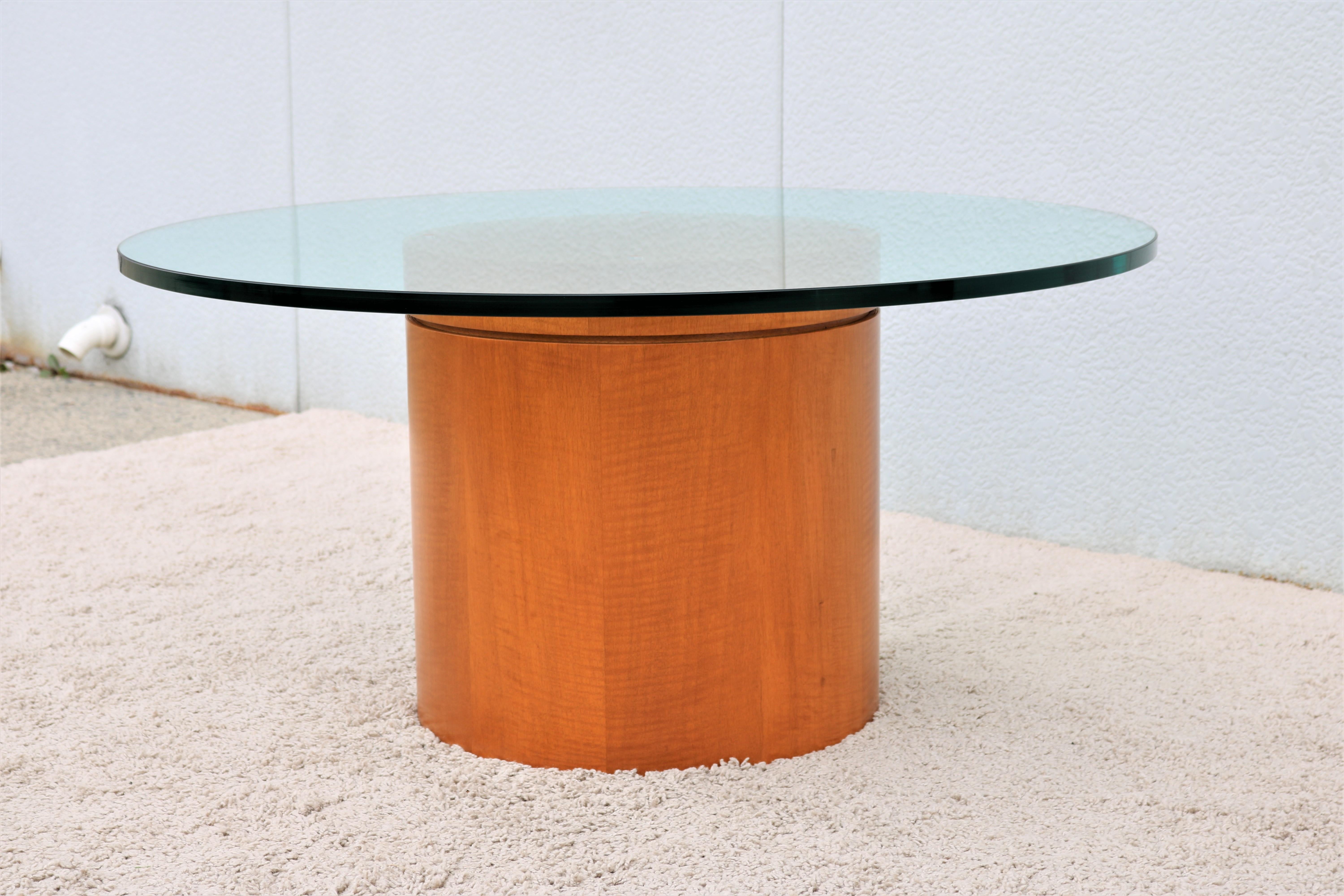 Mid-Century Modern Style 39 in Round Clear Glass Top Drum Wood Base Coffee Table In Good Condition For Sale In Secaucus, NJ