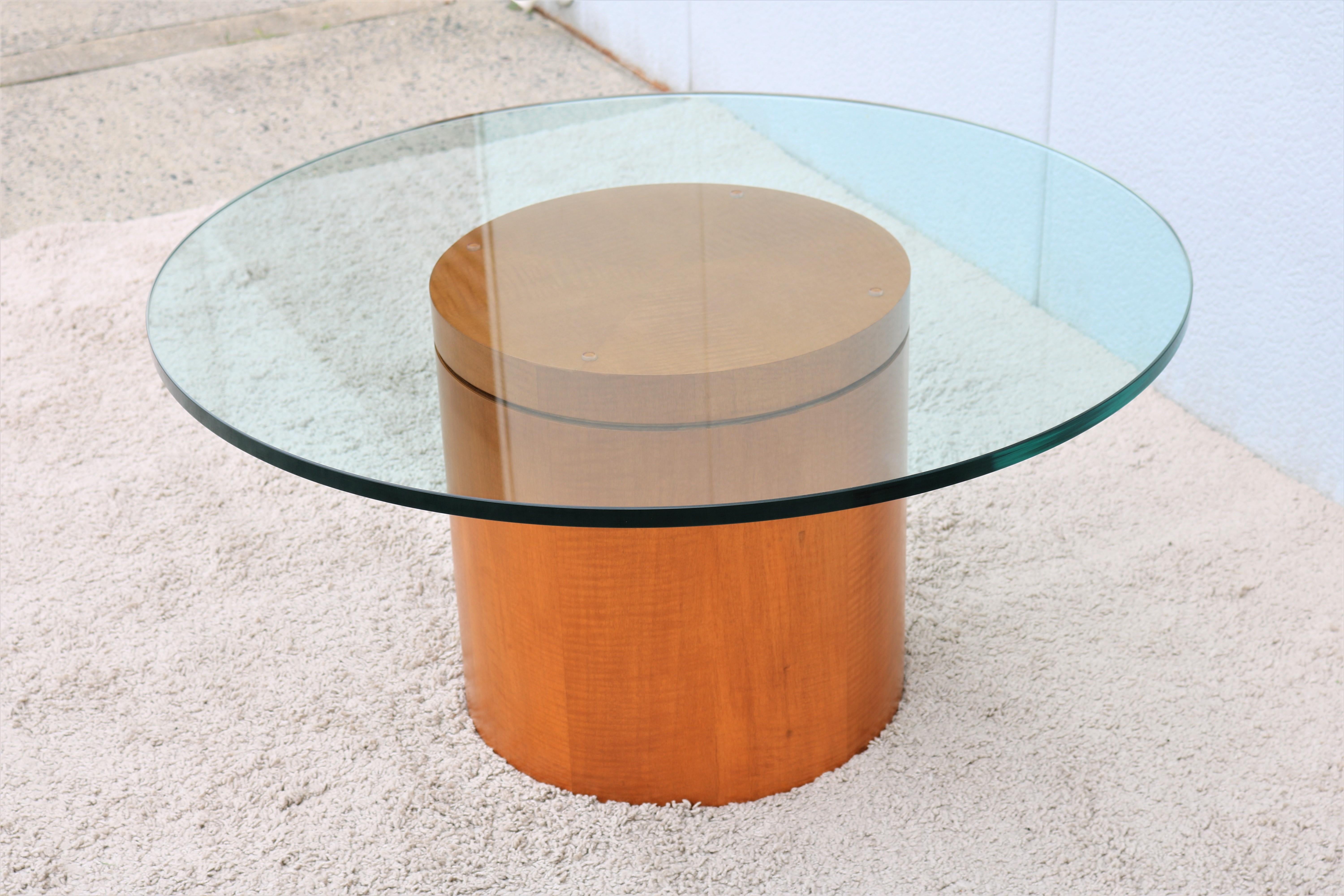 Contemporary Mid-Century Modern Style 39 in Round Clear Glass Top Drum Wood Base Coffee Table For Sale