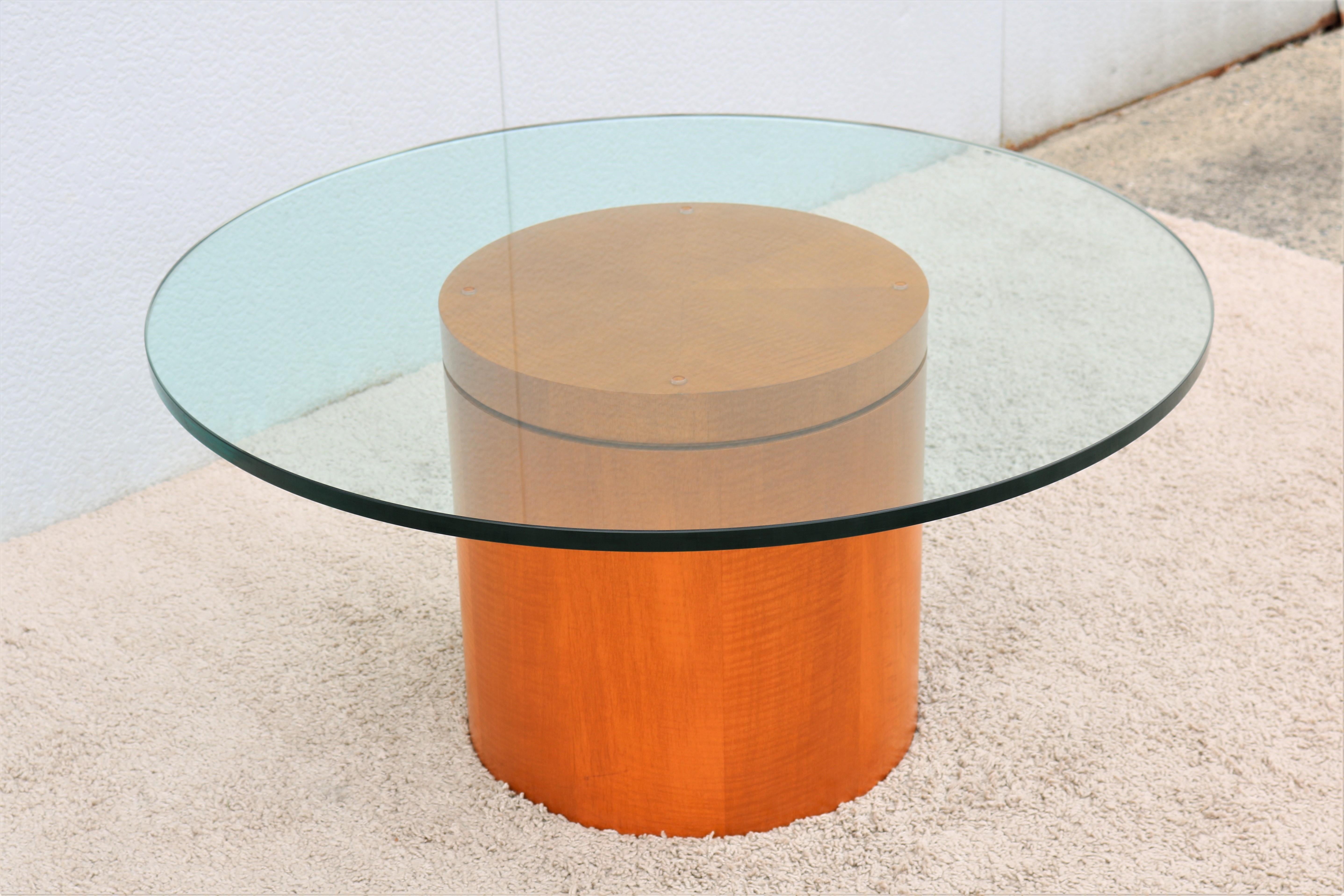 Mid-Century Modern Style 39 in Round Clear Glass Top Drum Wood Base Coffee Table For Sale 1