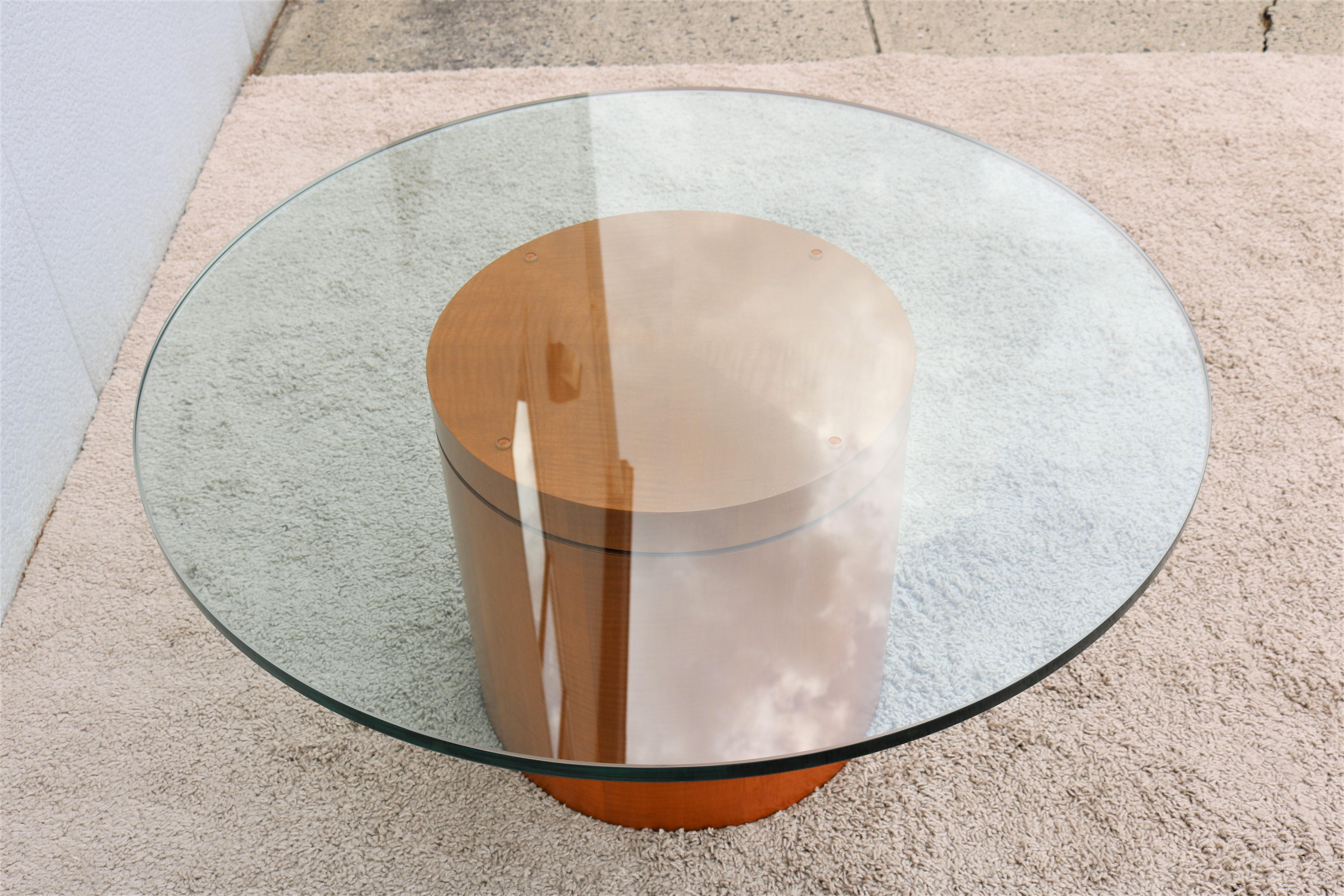 Mid-Century Modern Style 39 in Round Clear Glass Top Drum Wood Base Coffee Table For Sale 2