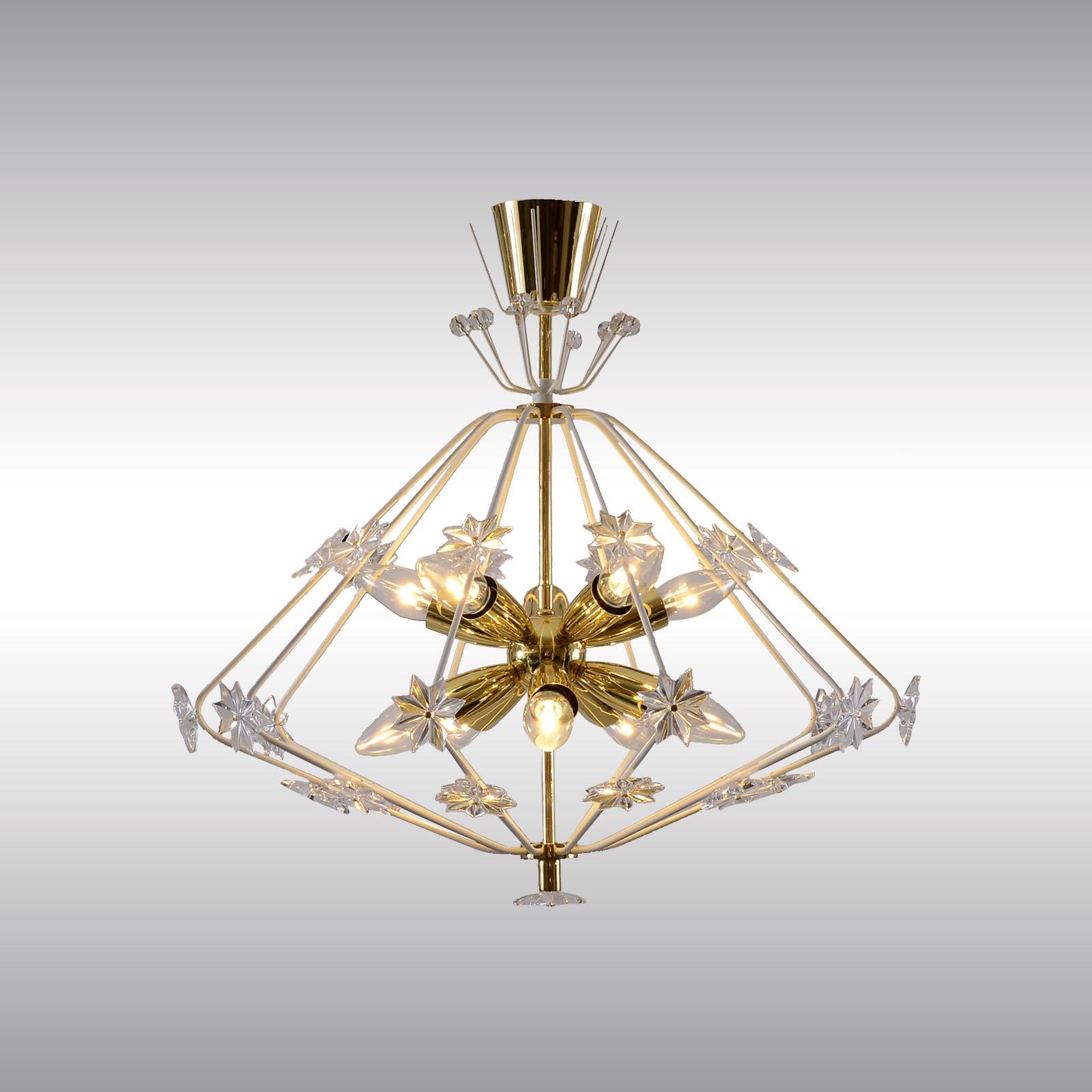 A beautiful modulated handmade fixtures passed on a design from the 1960

Brass varnished and lacquered, all other finishes on request, crystal-glass

Most  components according to the UL regulations, with an additional charge we will UL-list and