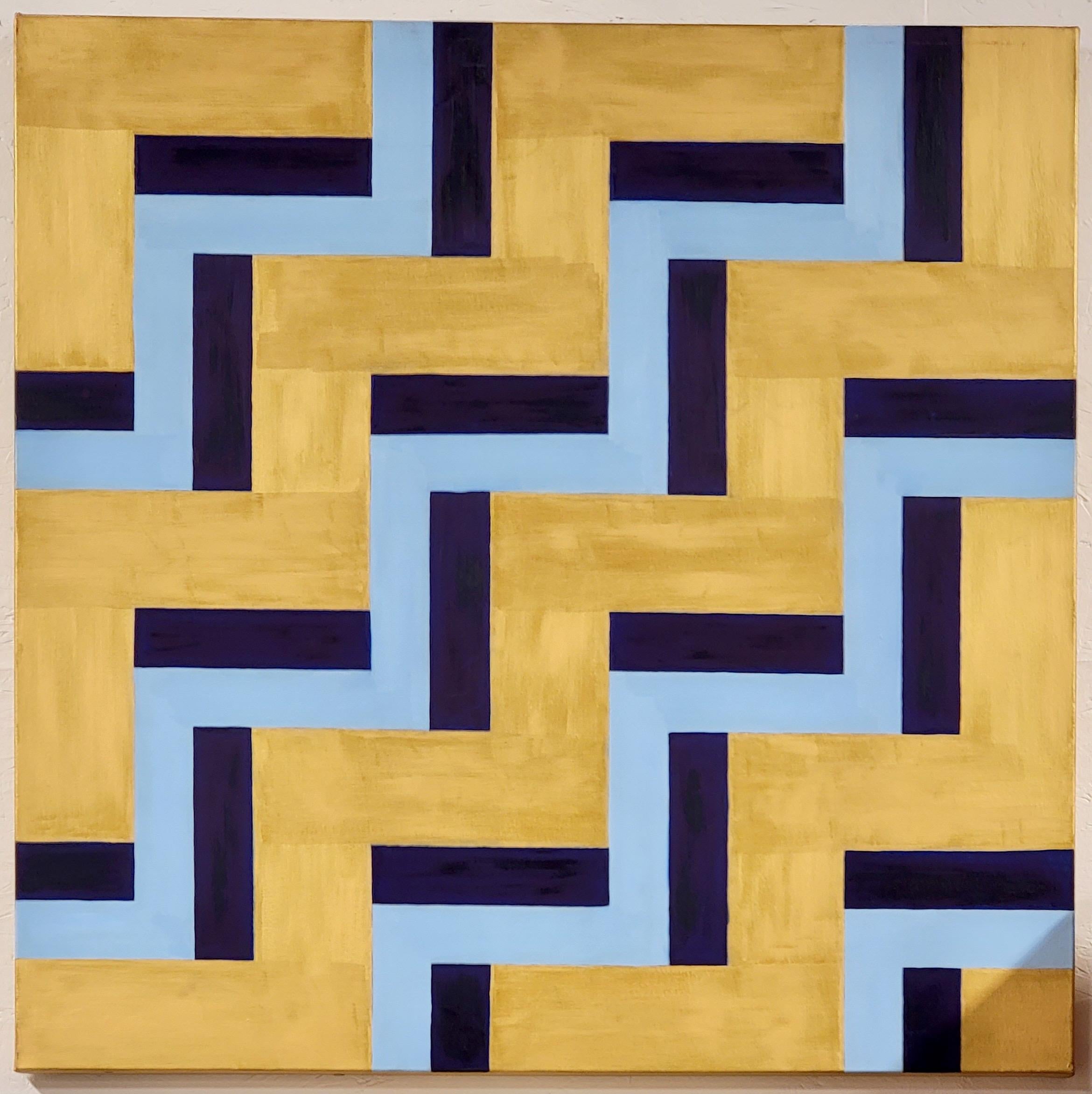 This is a large scale Mid-Century Modern style signed oil on canvas painting in gold and blue hues. It depicts geometric inter-locking patterns. It is unframed and signed T.Fisher on the back.